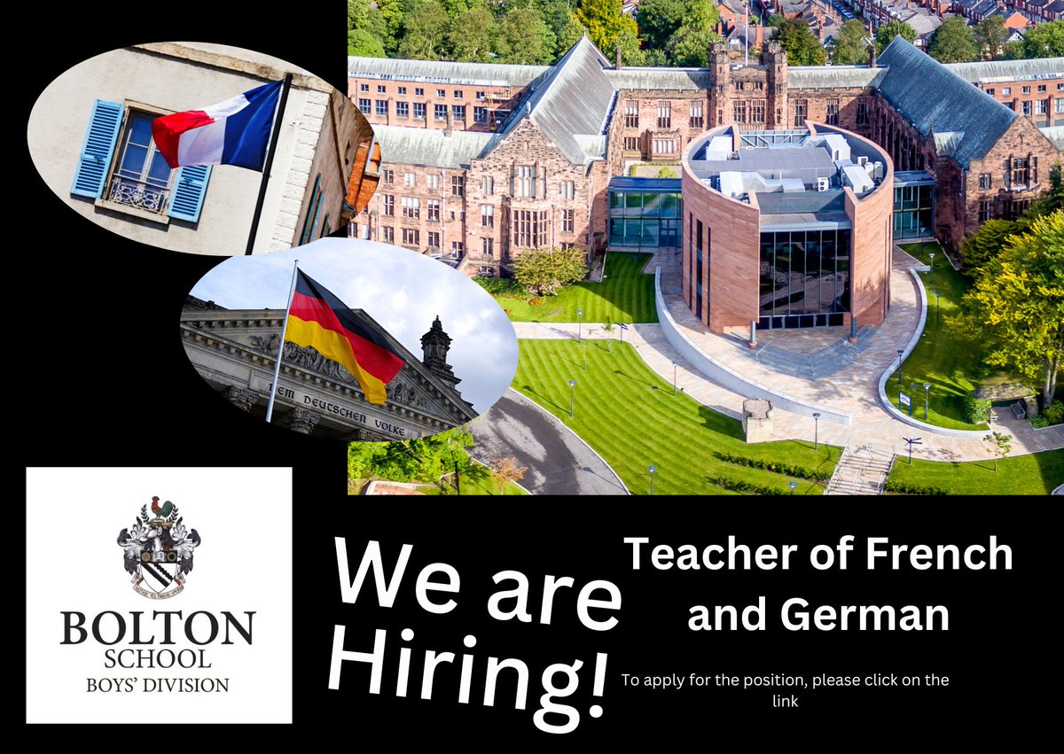 We are hiring! We are currently looking for a Teacher of French and German to join the Boys’ Division Senior School.

Please click here to apply: bit.ly/3Tg8bcm
#hiring  #boltonjobs #recruitment  #French  #German #teacher  #MFL