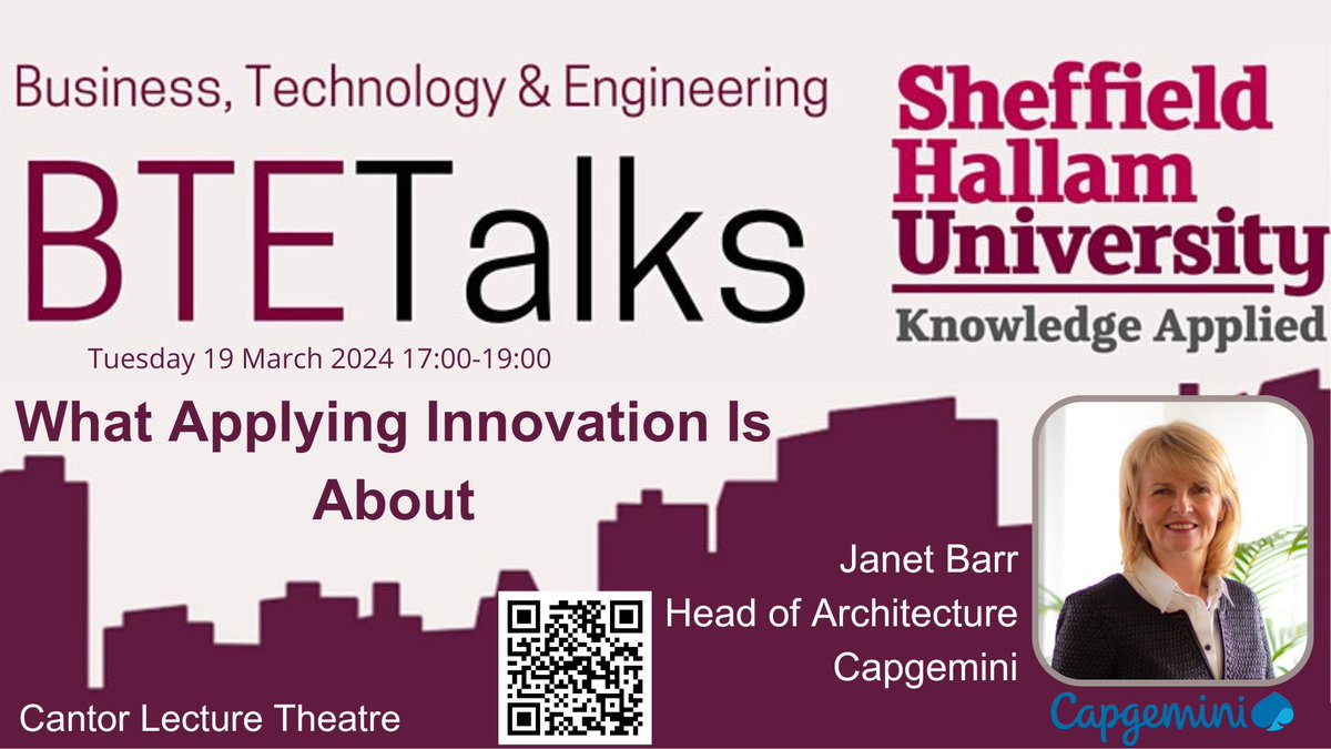 HallamBTE's tweet image. Join us on Tues 19 March 2024 17:00 for our BTETalks - What Applying Innovation is About. Jan Barr, Head of Architecture at @Capgemini, will take a look at what people think innovation is, and share some examples of  work with their clients. Register here
forms.office.com/e/eUZ54dJWPw