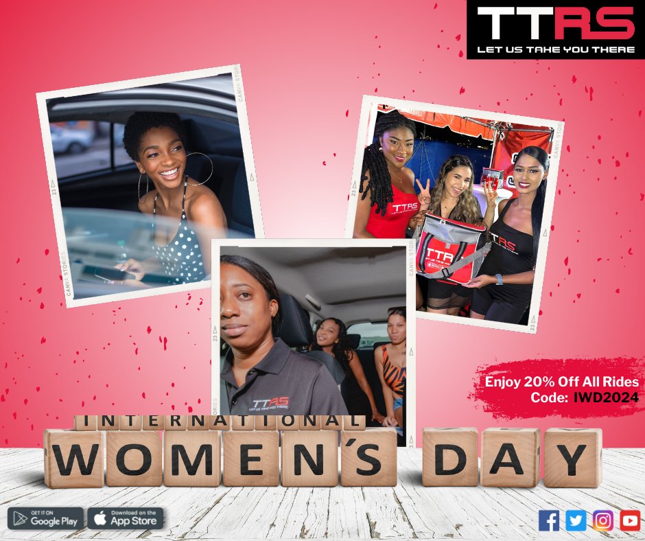 ttrideshare_'s tweet image. Cheers to our incredible driver partners and riders on International Women's Day!  Your strength, resilience, and achievements inspire us. Enjoy a 20% discount on all rides today using code IWD2024 from 6 am to 8 pm.  
#IWD2024 #RideWithStrength #CelebrateWomen