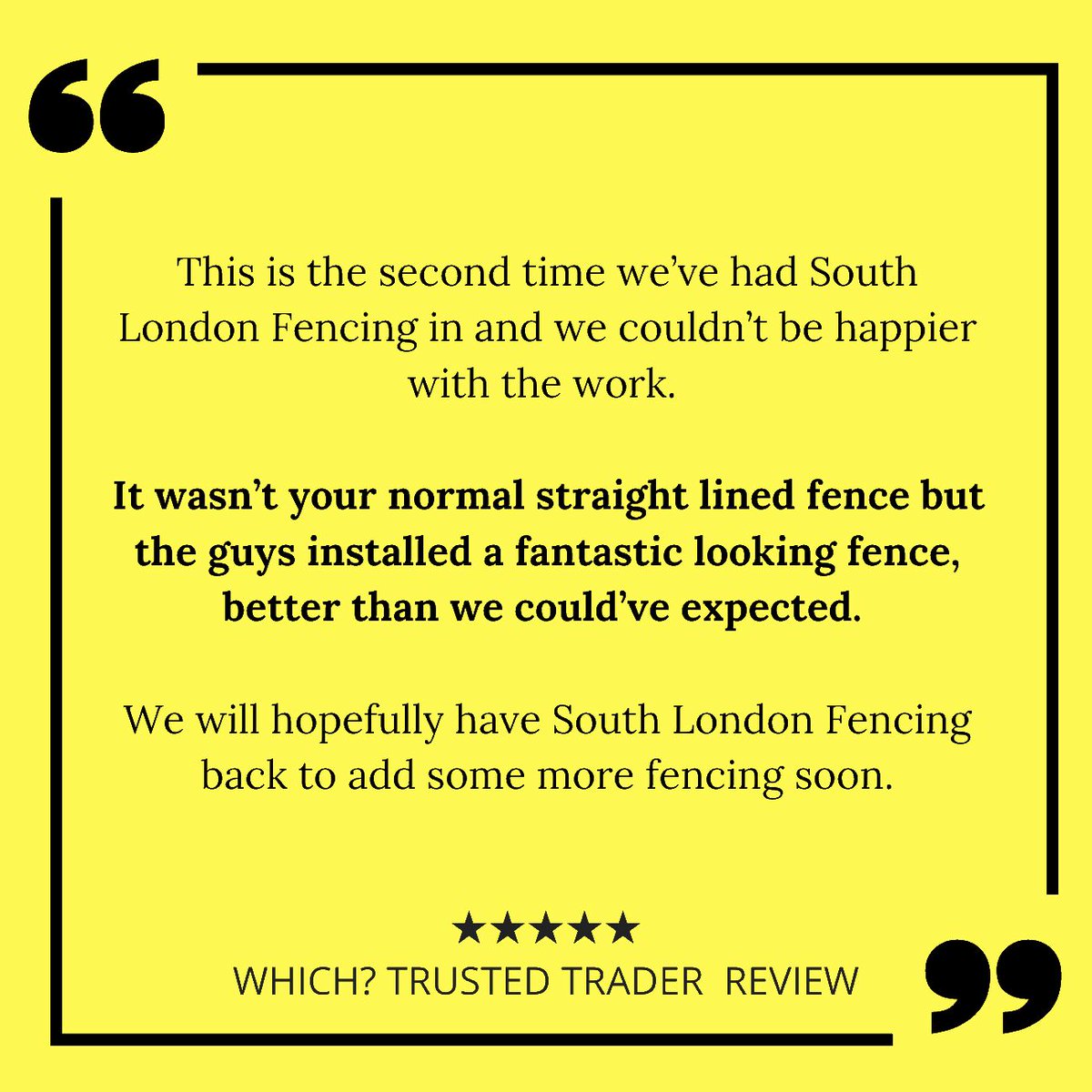 ⭐⭐⭐⭐⭐ Customer Review, left on Which? Trusted Trader.

#southlondonfencing #customerreview #fivestarreview #happycustomer #whichtrustedtrader #whichtrustedtraders #trustedtrader