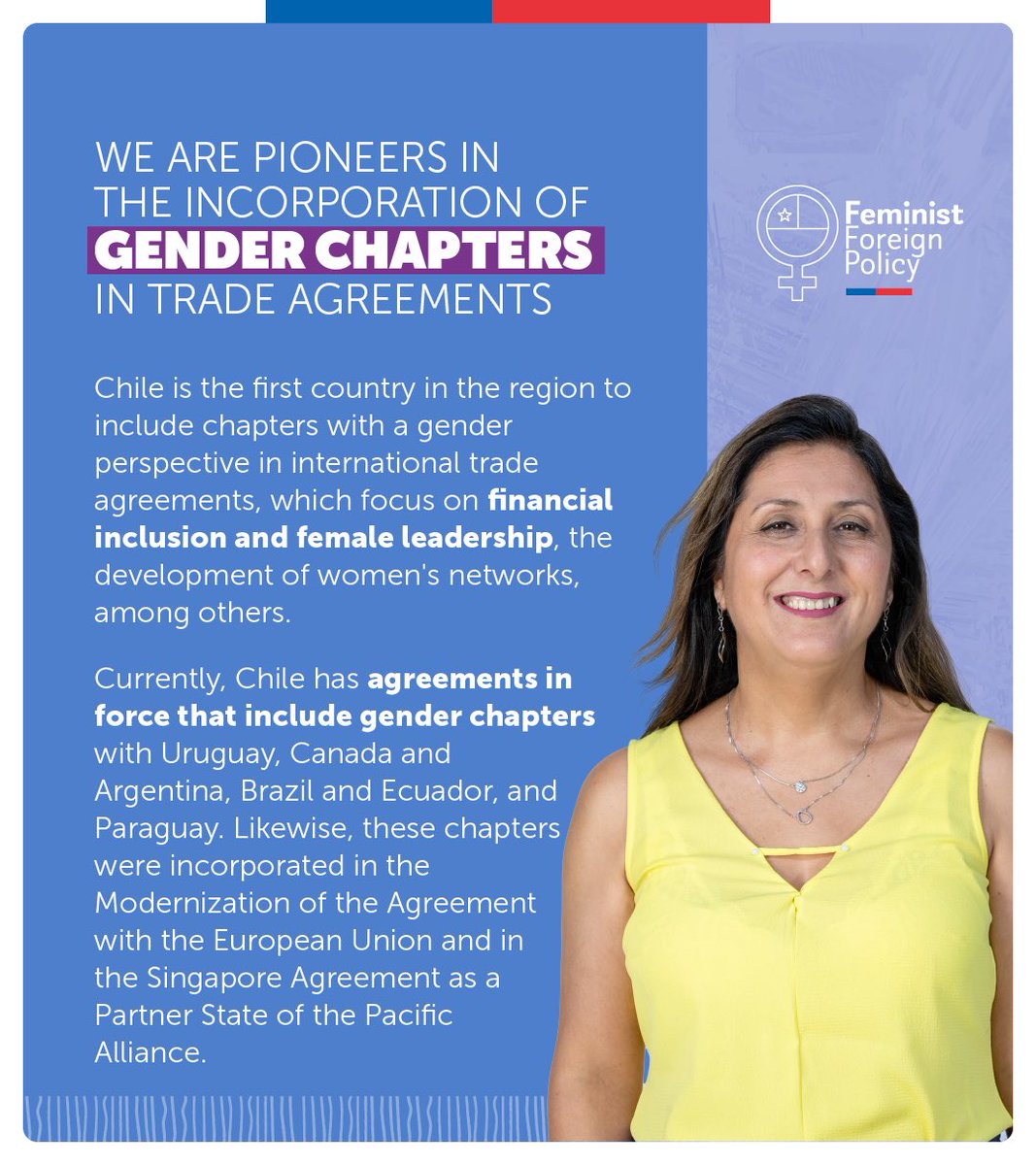 @dicoex @ChileMFA @EmbChileBelgica @UEenChile @MinMujeryEG @gdelafue @clausanhueza @SernamEGChile @eu_eeas Chile has been a pioneer in including gender chapters in its trade agreements, in order to promote the full participation of women in different economic activities and, thus, strengthen the development of the country. #8M #InternationalWomensDay #ChileParaTodas