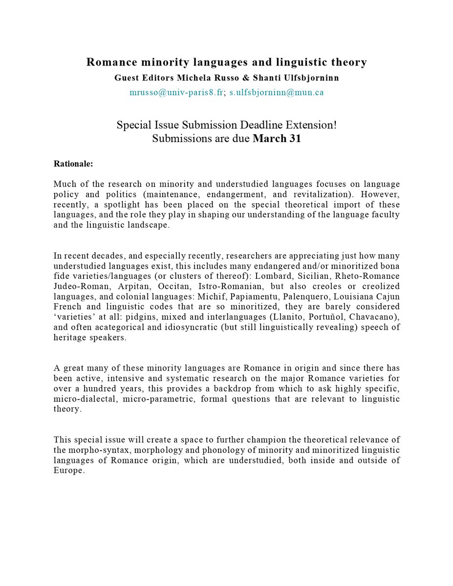 Michela_Russ0's tweet photo. Cfp Special Issue #Isogloss Journal: 
#Romance minority languages and linguistic theory
Guest Editors Michela Russo & Shanti Ulfsbjorninn
 Deadline Extension! Submissions are due March 31
@UnivParis8 @CNRS @UniversiteLyon @MemorialU #Phonology #Phonetics #Morphology 
https://t.co/5CZChX8RnI