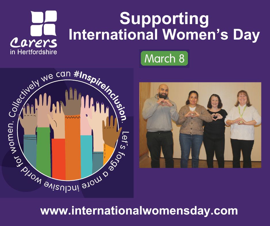 It’s #InternationalWomensDay & we @CarersinHerts are celebrating our diverse workforce (87% of whom are women) volunteers & carers/ex-carers - 79% of which are women - who help improve lives. Thanks for all you do to #InspireInclusion & identify, inform, support & hear carers.