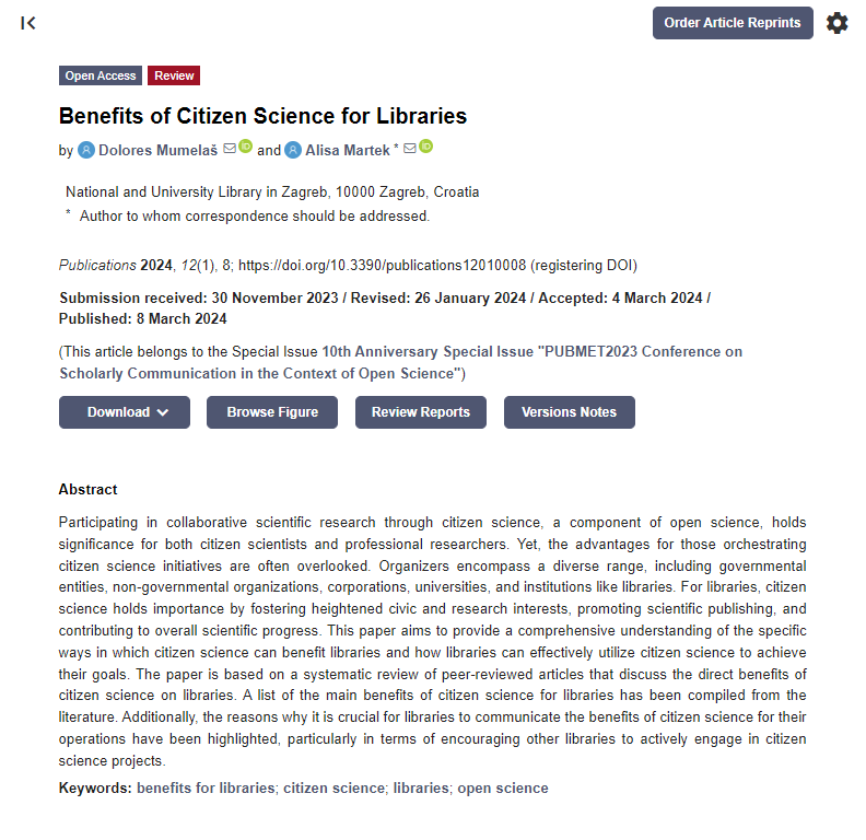I'm thrilled to share that the article I co-wrote with @AlisaMartek has been successfully published today!🥳 Learn more about the benefits of #CitizenScience for libraries here:mdpi.com/2304-6775/12/1…