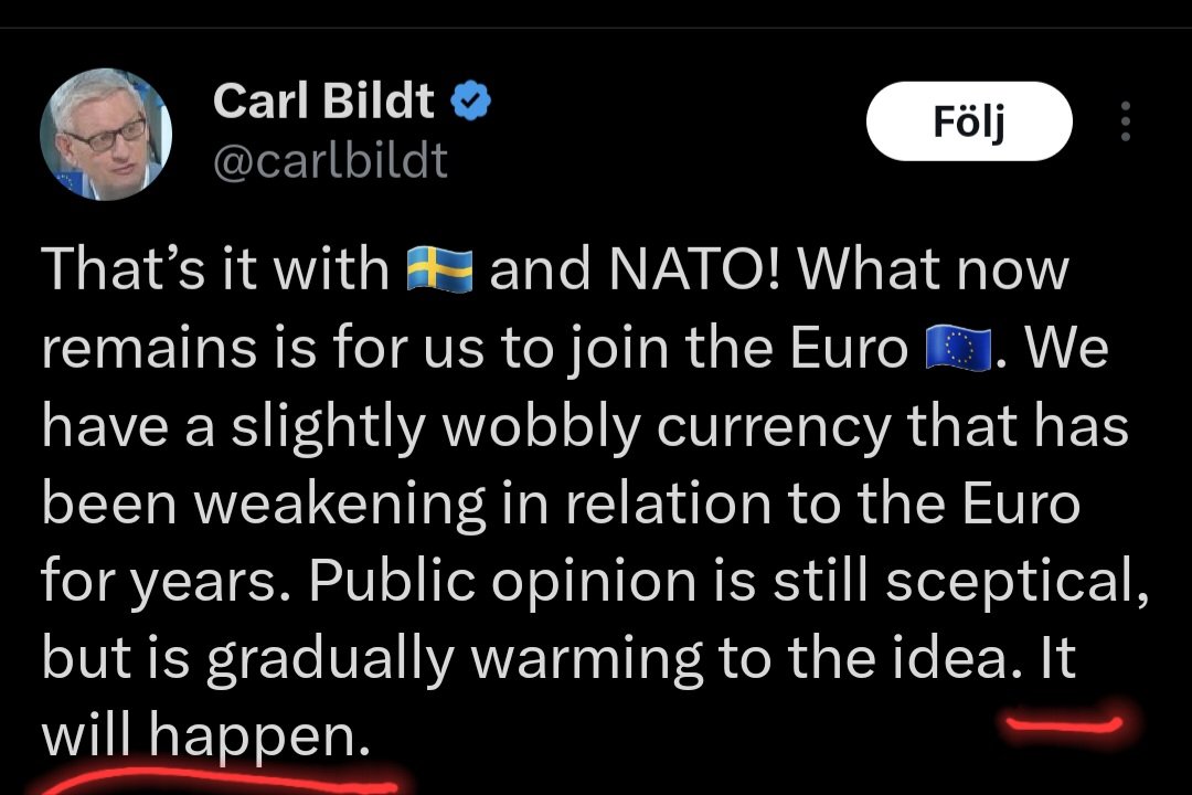 Först blev Sverige lydstat i EU.
Sedan bondepjäs i Nato.
Härnäst ska vår krona tas bort.
Vad ska globalisten offra härnäst?