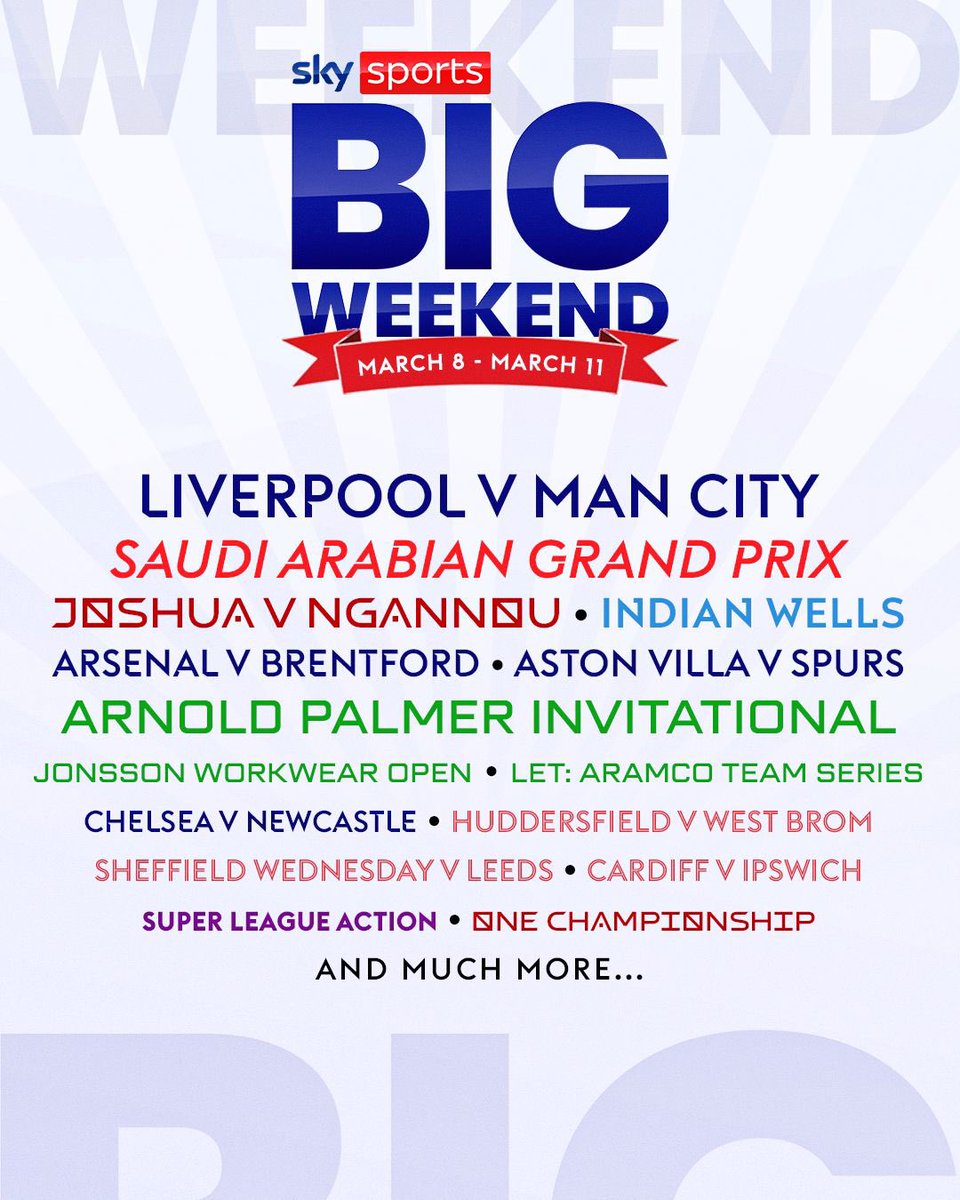 What you up to this weekend? Just gonna give you a few options ⬇️⬇️ It’s @SkySports Big Weekend, what are you most looking forward to?
