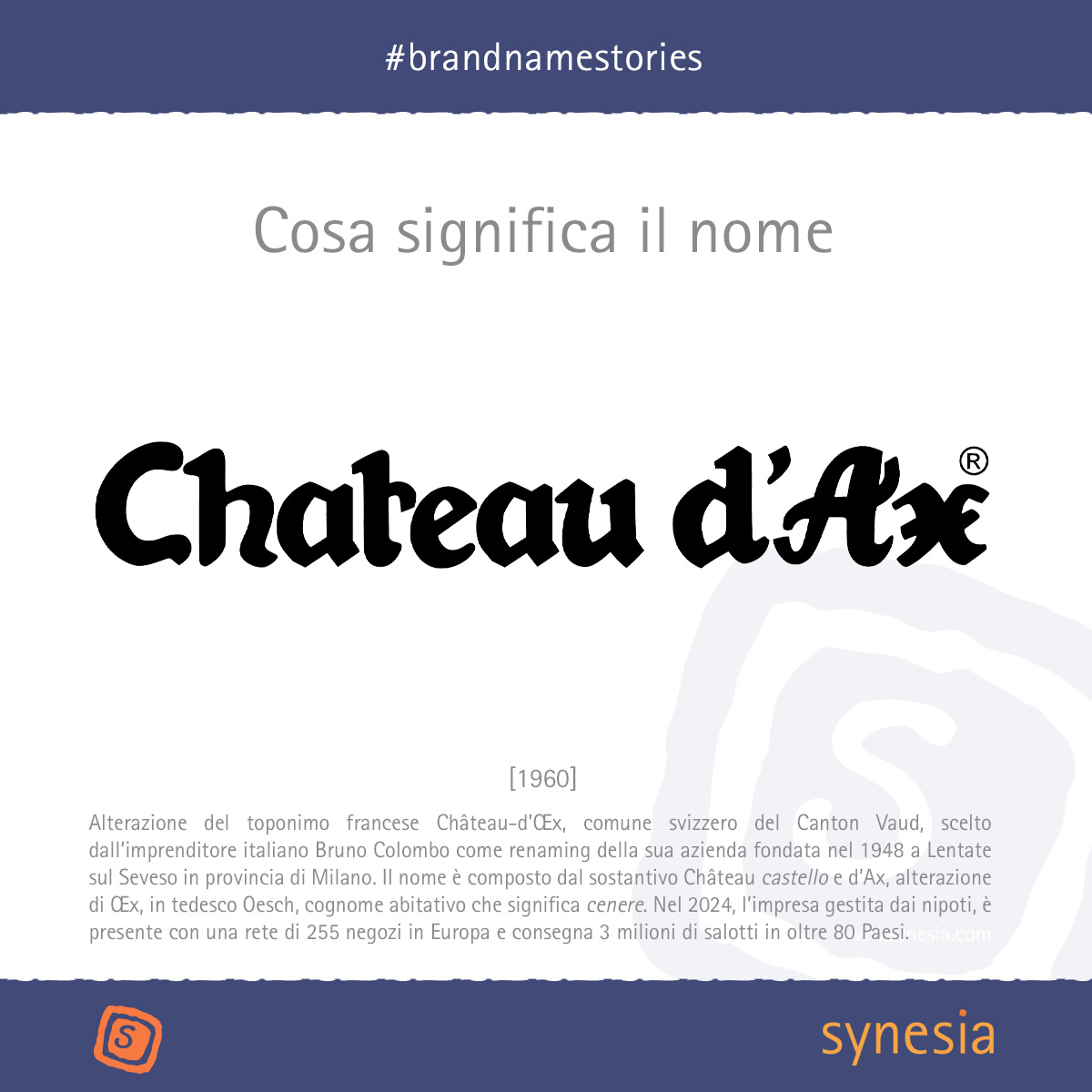 #Chateaudax è un brand italiano ma deriva dal toponimo francese Château-d’Œx, comune svizzero del Canton Vaud. Château significa castello e Œx, in tedesco Oesch, è un cognome abitativo che significa cenere.

#naming 
#brandnaming 
#branding