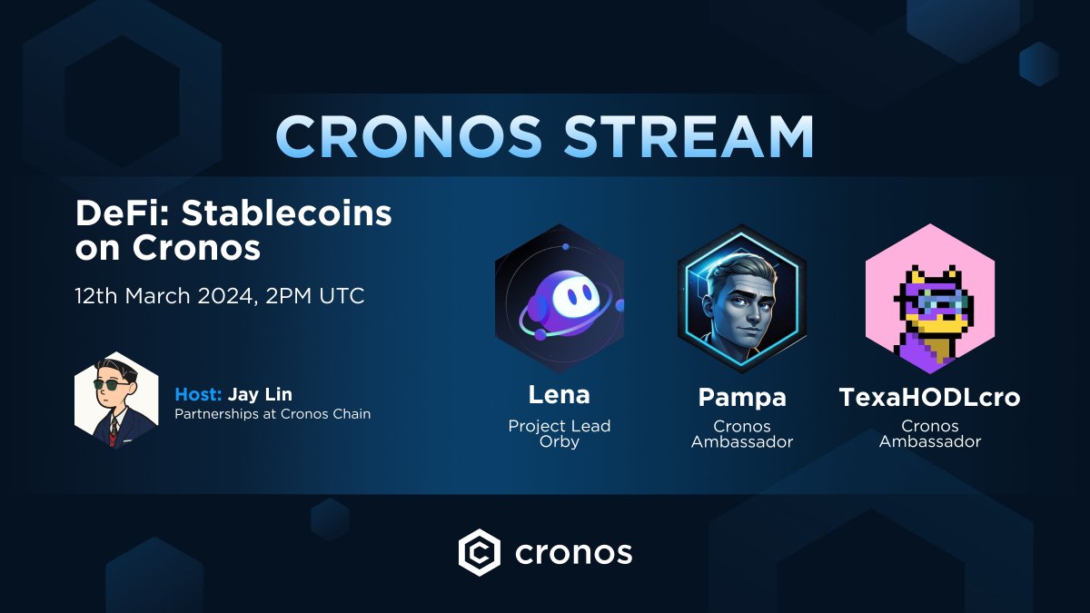 Speakers:
- <a href="/Jayljl/">Jay Lin</a>, Cronos Labs Partnerships
- Lena, Project Lead <a href="/OrbyNetwork/">Orby Network</a> 
- <a href="/Pampadalampa/">Pampa</a>, Cronos Ambassador
- <a href="/TexasHODLcro/">Tex</a>, Cronos Ambassador