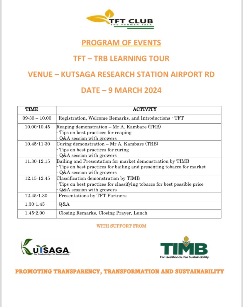 Join us tomorrow as we prepare for the opening of the floors. Learn with us at <a href="/KutsagaResearch/">Kutsaga Research</a> as we collaborate with <a href="/timb_zw/">Tobacco Industry & Marketing Board</a> to prepare you for best tobacco prices this coming season. <a href="/ECLT_imugwagwa/">Innocent Mugwagwa, PhD</a> <a href="/PMTFT/">Phineas Mukomberanwa</a> <a href="/MoLAFWRD_Zim/">MinofLands,Agric,Fisheries,Water&Rural Development</a> <a href="/TobaccoZe/">Tian Ze Tobacco Company</a>