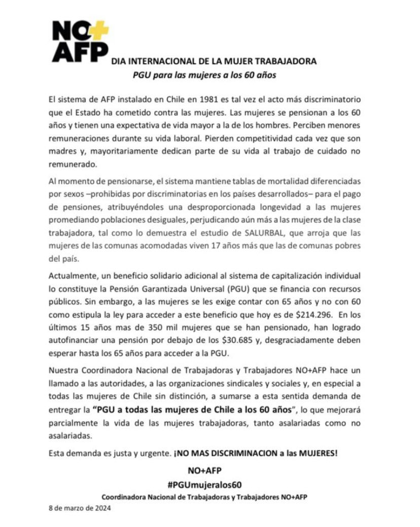 CNT_NOmasAFP's tweet photo. En el día Internacional de la Mujer Trabajadora, la Coordinadora Nacional #NOmasAFP reitera su compromiso por la defensa de los derechos fundamentales de las mujeres asalariadas y no asalariadas. 
¡PGU a los 60 años ahora! https://t.co/A2uoy5qIox
