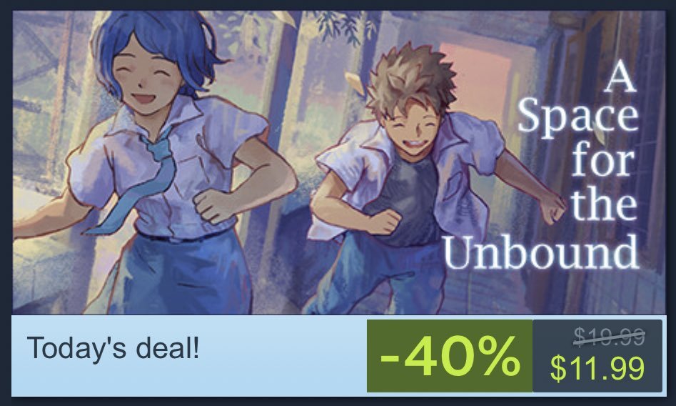 🚨40% OFF, TODAY!🚨 
A Space for the Unbound is having THE BIGGEST SALE ever!

It's a surreal narrative experience about world-ending supernatural powers and slice-of-life from 90s rural Indonesia.

⬇ Get it now!
store.steampowered.com/app/1201270/A_… 

#indiegame #adventure #pixelart