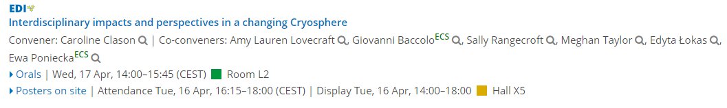 Dr Caroline Clason (@caroline_clason) on Twitter photo The <a href="/EGU_CR/">EGU Cryosphere @egu-cr.bsky.social</a> programme is looking stacked for #EGU24! ❄️ I'm really looking forward to convening a brand new session on the interdisciplinary impacts of a changing cryosphere, with presentations on everything from salmon migration to post-glacial politics! meetingorganizer.copernicus.org/EGU24/session/… The <a href="/EGU_CR/">EGU Cryosphere @egu-cr.bsky.social</a> programme is looking stacked for #EGU24! ❄️ I'm really looking forward to convening a brand new session on the interdisciplinary impacts of a changing cryosphere, with presentations on everything from salmon migration to post-glacial politics! meetingorganizer.copernicus.org/EGU24/session/…