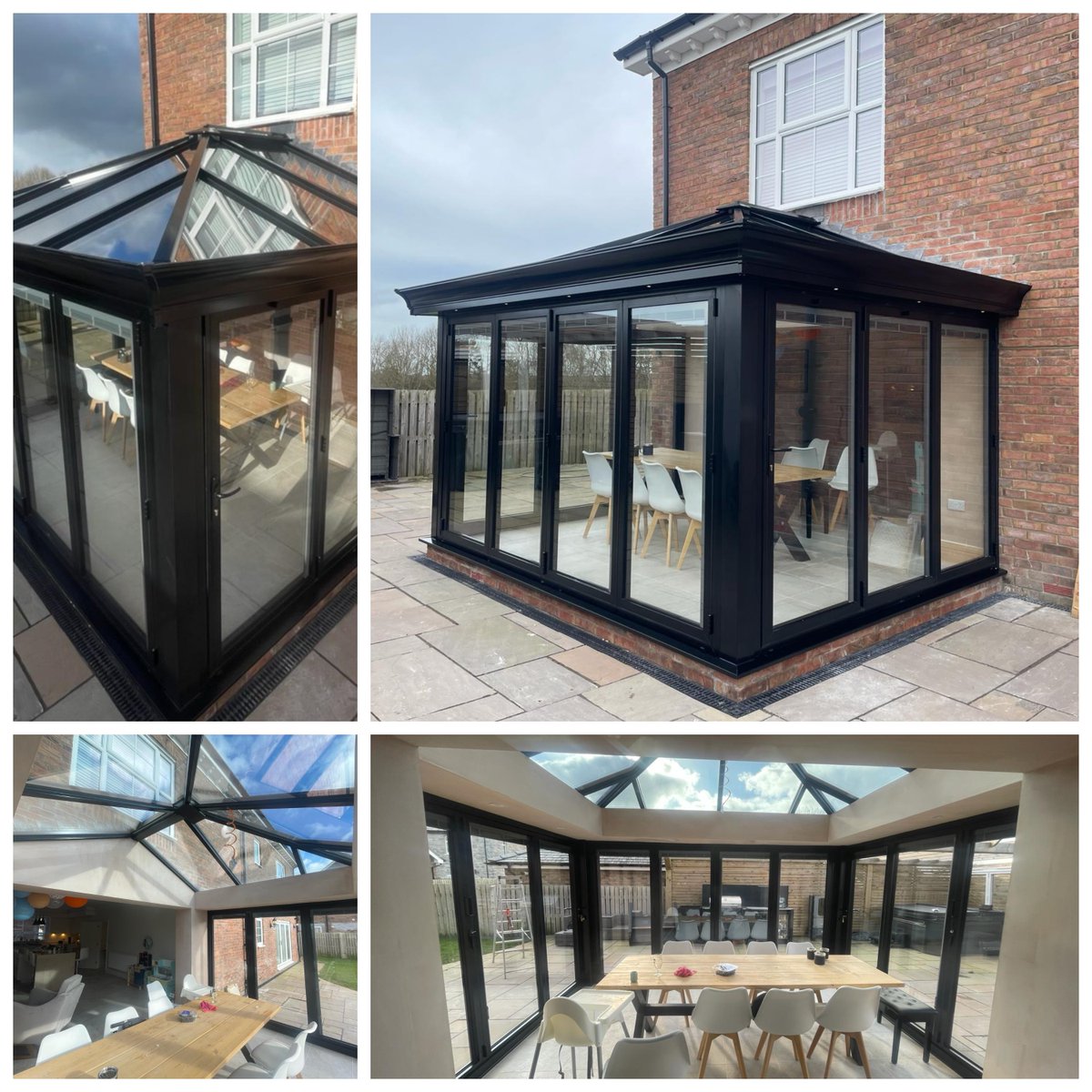 Happy Friday followers! Here's a stunning installation recently completed, of a glazed kitchen extension. Incorporating black aluminium window frames with bi-folding doors and a modern S2 glass roof with gutter shroud and internal lighting pelmet. A stunning example of a