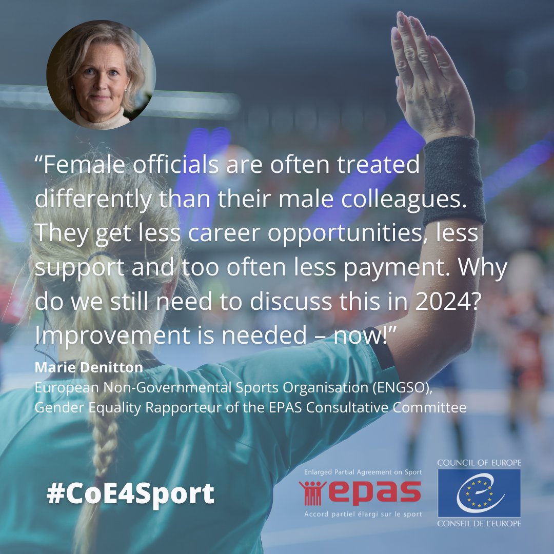 Fighting for better career opportunities, support and payment for women officials –

Marie Denitton, <a href="/ENGSOsport/">ENGSO</a>, Gender Equality Rapporteur of the EPAS Consultative Committee @CoE, moderated the roundtable on women and refereeing

#CoE4Sport
