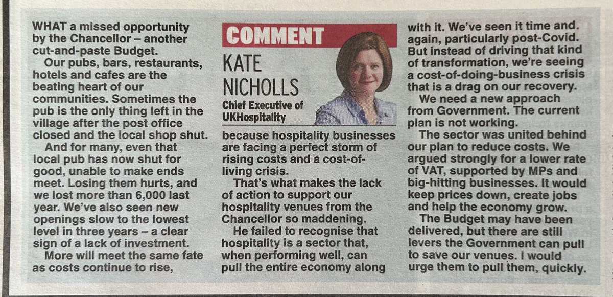 UKHofficial's tweet photo. Our CEO @UKHospKate wrote a column for @Daily_Express reacting to Wednesday's Budget.

She says the Chancellor, "failed to recognise that hospitality is a sector that, when performing well, can pull the entire economy along with it."

Read the full piece 👇👇 https://t.co/mC8Wcr88b2