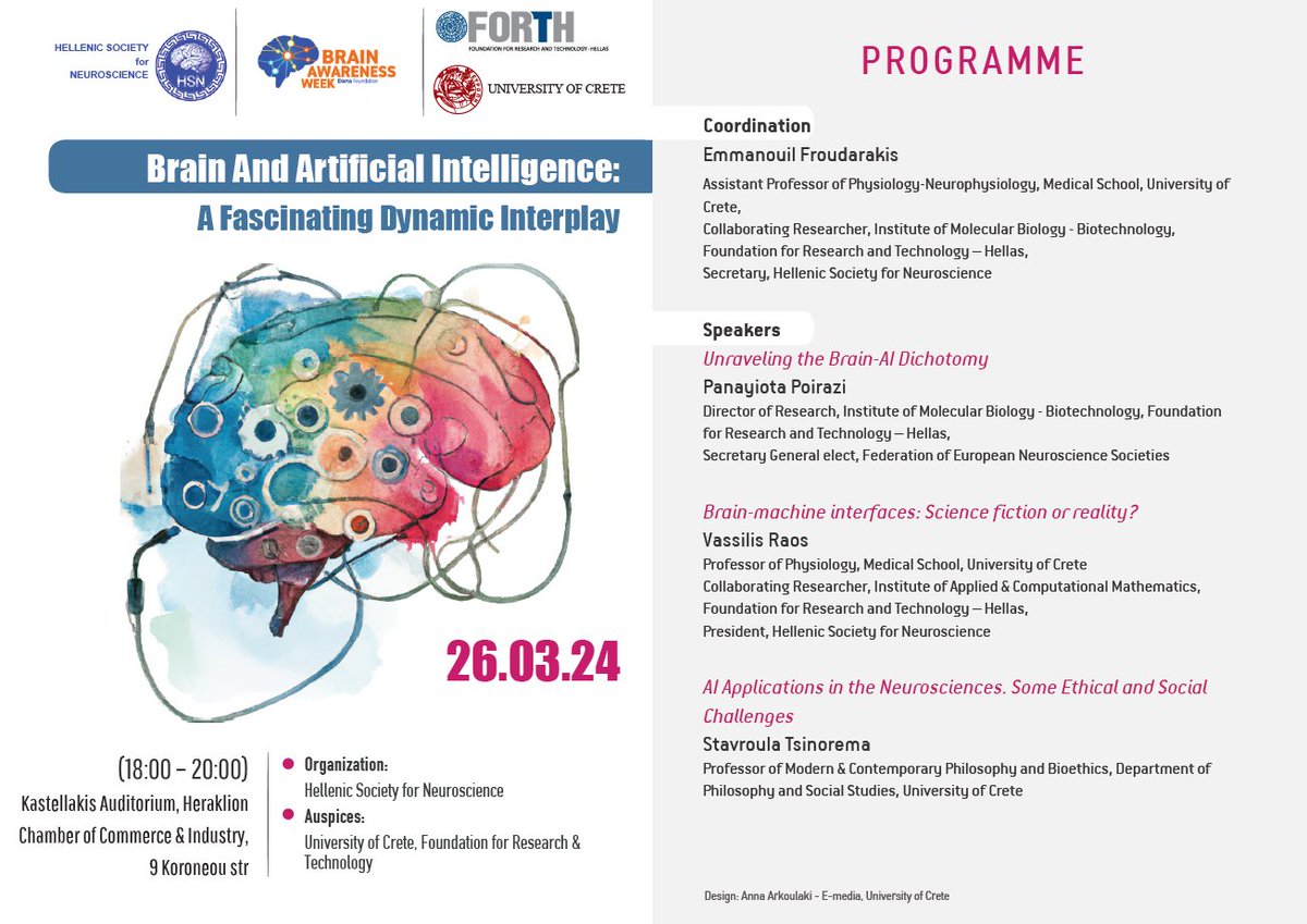 Excited about the upcoming event of Brain Awareness Week, on 26.03.2024, about Brain and Artificial Intelligence: A Fascinating Dynamic Interplay, organized by the Hellenic Society for Neuroscience! 
Come and join us!
dendrites.gr/?p=2379