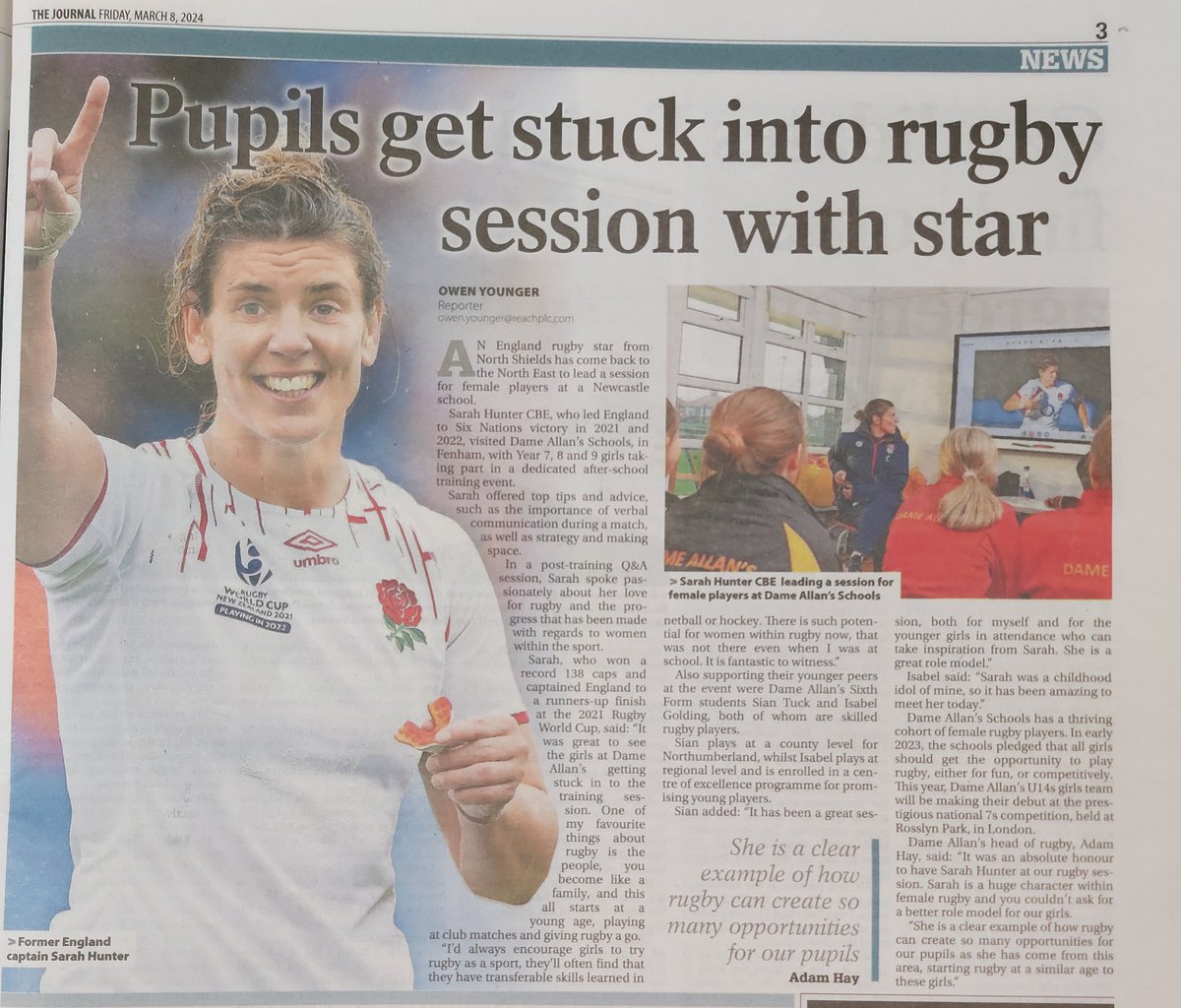 We are thrilled to be featured on the front cover of The Journal today, especially as we celebrate #IWD2024! @OwenWTYounger writes about our recent visit from England rugby star @sarah_hunter8 to inspire our female rugby players - it was a fantastic session all round 🏉🎉