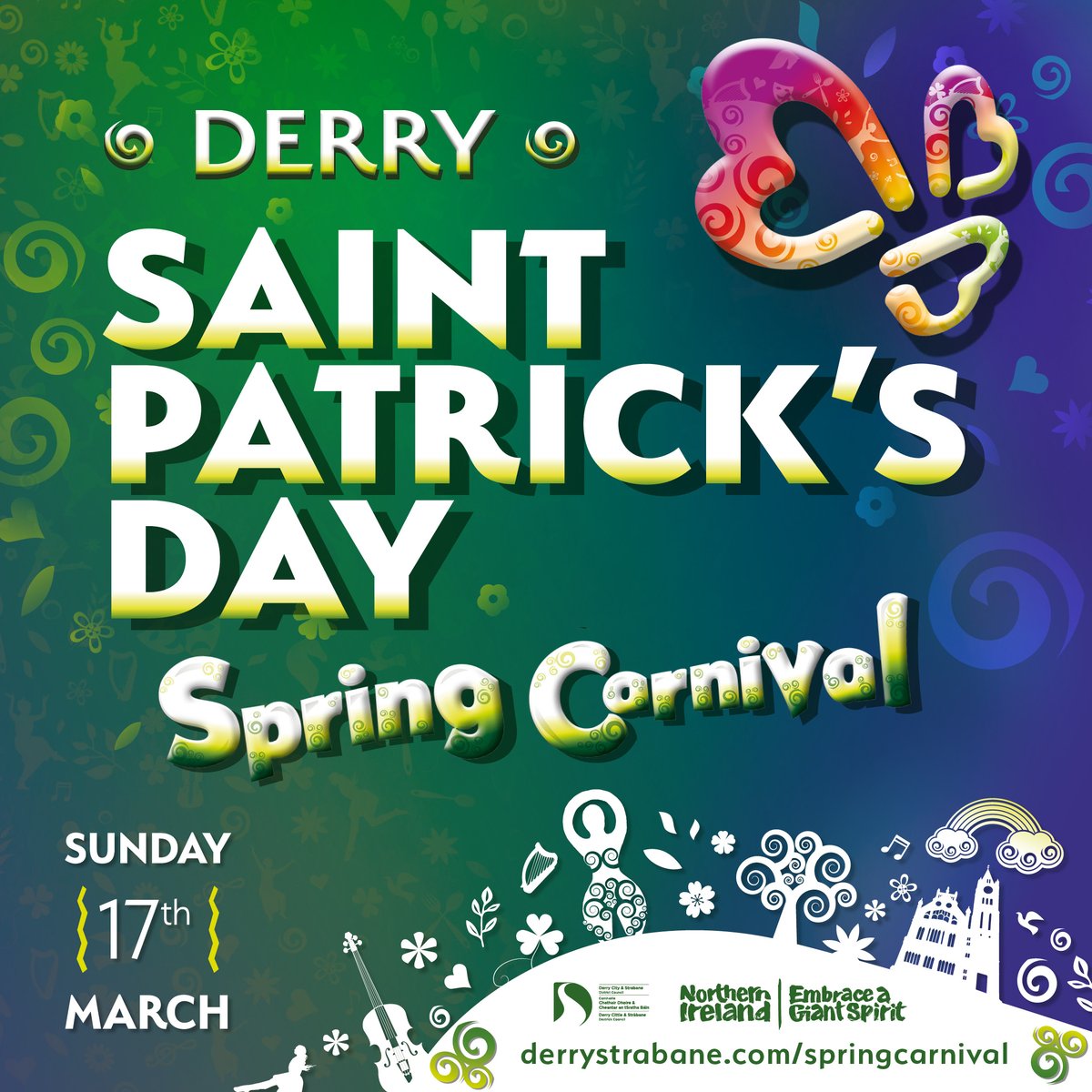 The countdown to the Spring Carnival has begun Celebrate the arrival of Spring in all its colourful splendour with a magical programme of music, dance, food and folklore this St Patrick's Day☘️ Full Programme👉 bit.ly/3IlXbFg #VisitDerry #StPatricksDay #SpringCarnival