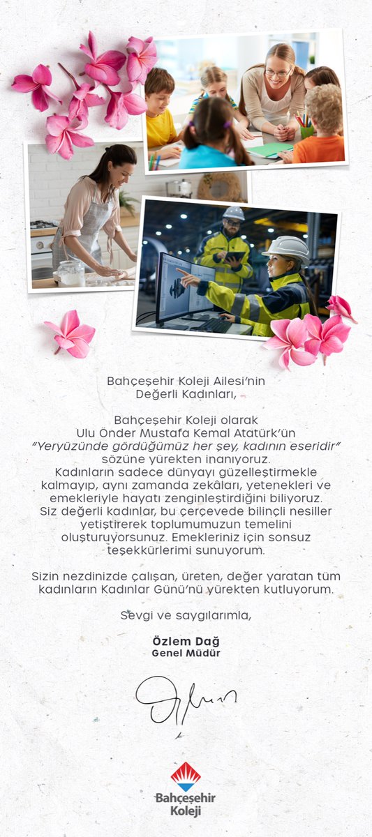 bahcesehir_van's tweet photo. Genel Müdürümüz Sn. Özlem Dağ’ın ve ülkemiz için değer yaratan tüm kadınlarımızın “Dünya Kadınlar Günü” nü kutluyoruz.
 
@dagozlem
 @EnverYucel
@ozgeeasln
@fatlihann 
@AtlihanMumtaz 
#Bahçeşehirkoleji https://t.co/2iVZSYCRK4