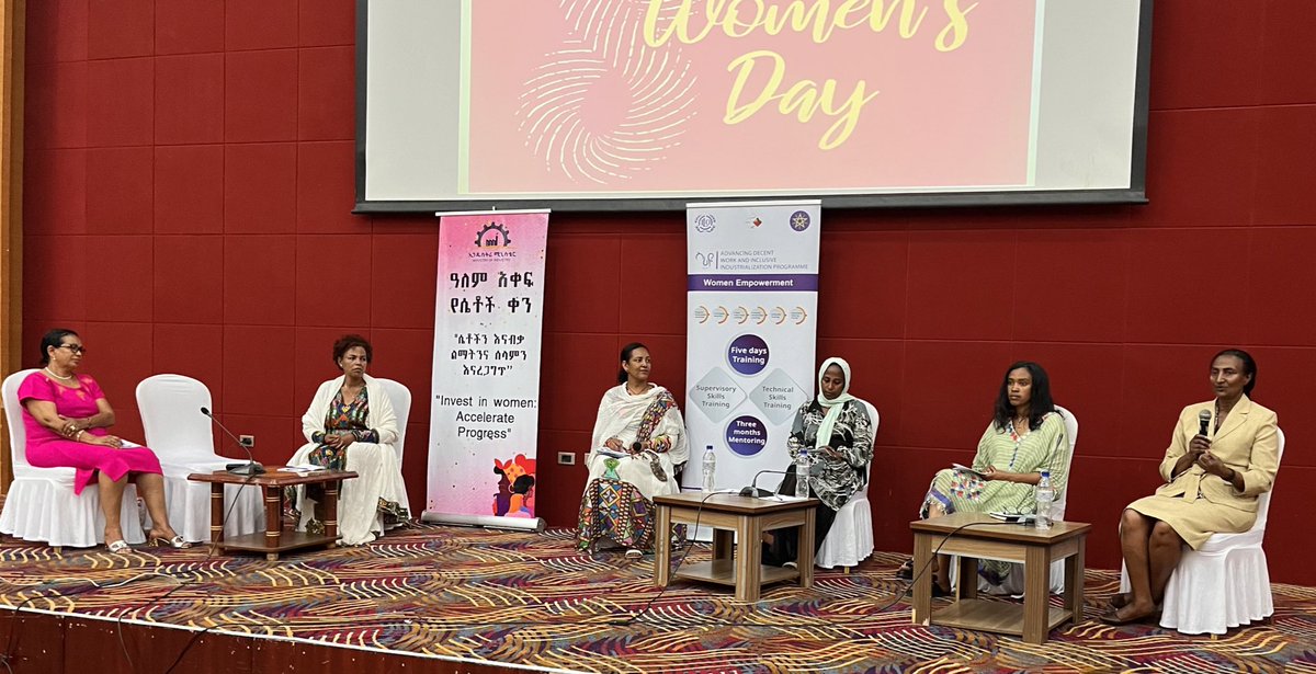 AddisIlo's tweet photo. At the #InternationalWomensDay Celebration today, 1️⃣0️⃣enterprises, mostly women owned, are sharing their experiences of implementing WLDP in relation to:

📈productivity,
📊quality,
👩‍💼leadership
👌🏿better workplace, and
💪🏾capacity development

@ethio_Industry 

#InvestInWomen https://t.co/JsuIwORu7z