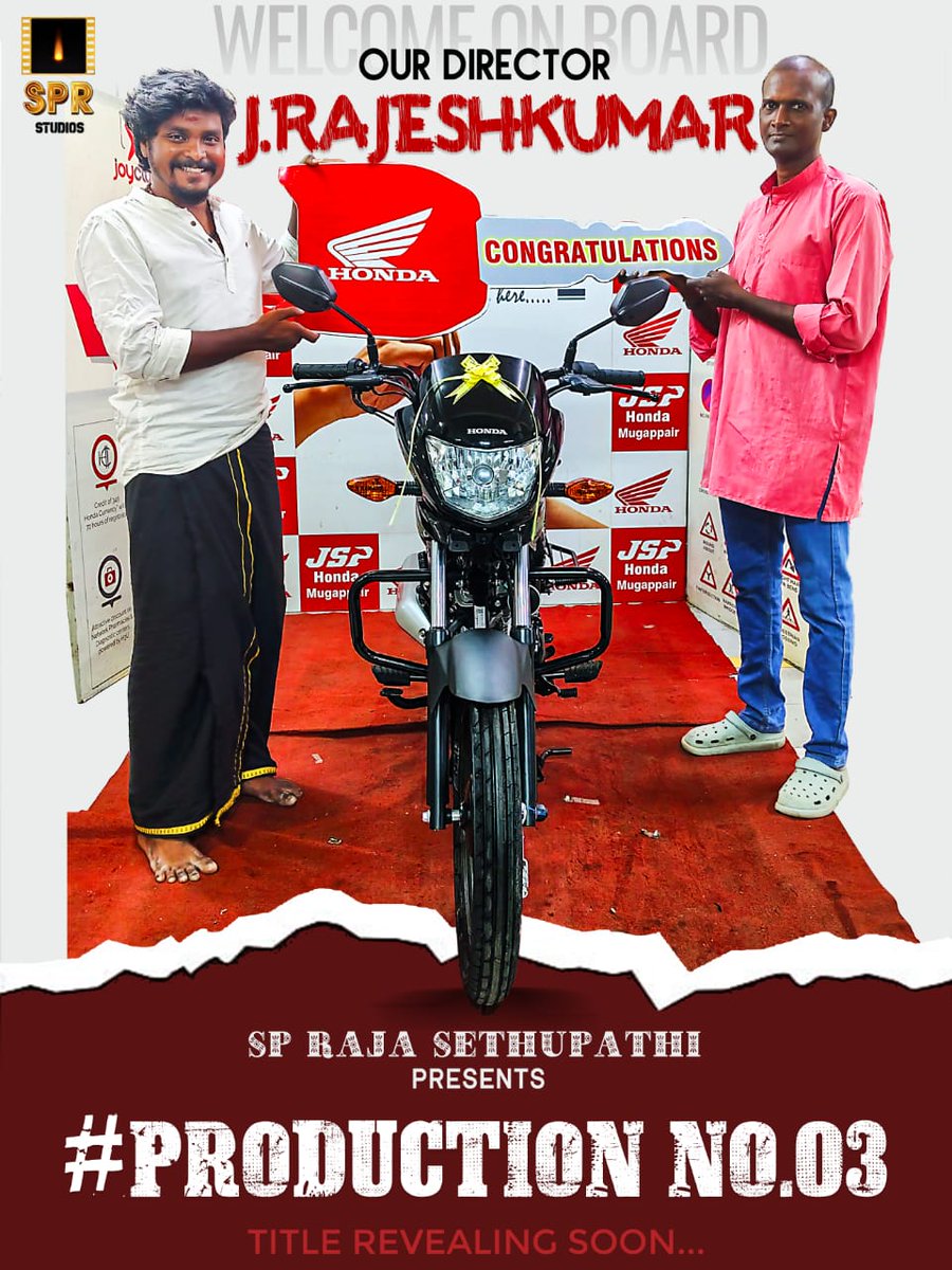 #Jothi movie producer @SPRSethupathi announces his next two ventures at once. Production 2 - an investigation thriller titled #Numbers. Production No.3 - Impressed with the script, the producer has gifted director Rajeshkumar with a bike. Updates soon. @spr_studios @Pro_Velu