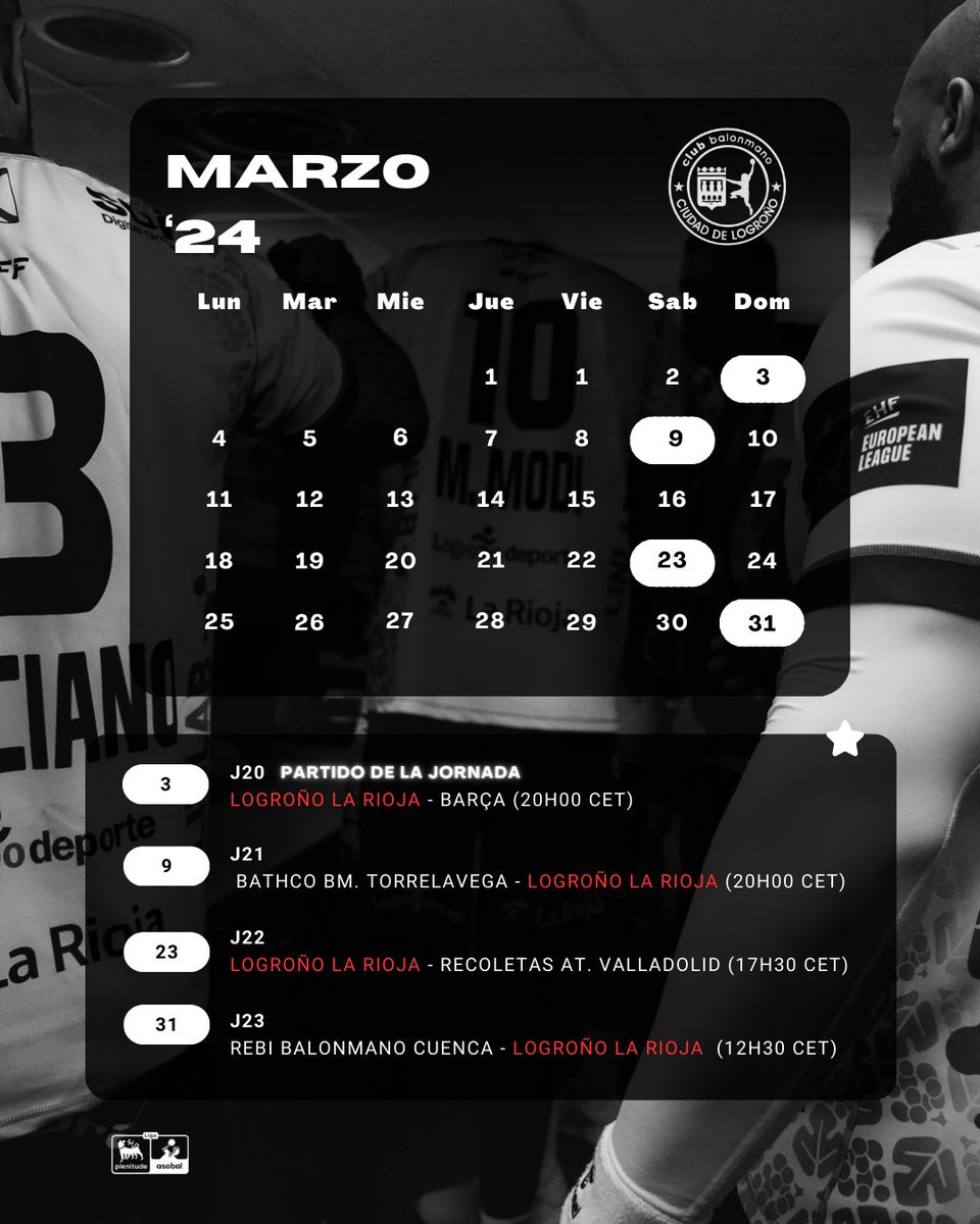 Marzo nos trae mucho balonmano ⭐️⁠ 
(horarios actualizados por cambios)
¿Comenzamos? 😍⁠
#balonmano #logroño #larioja
