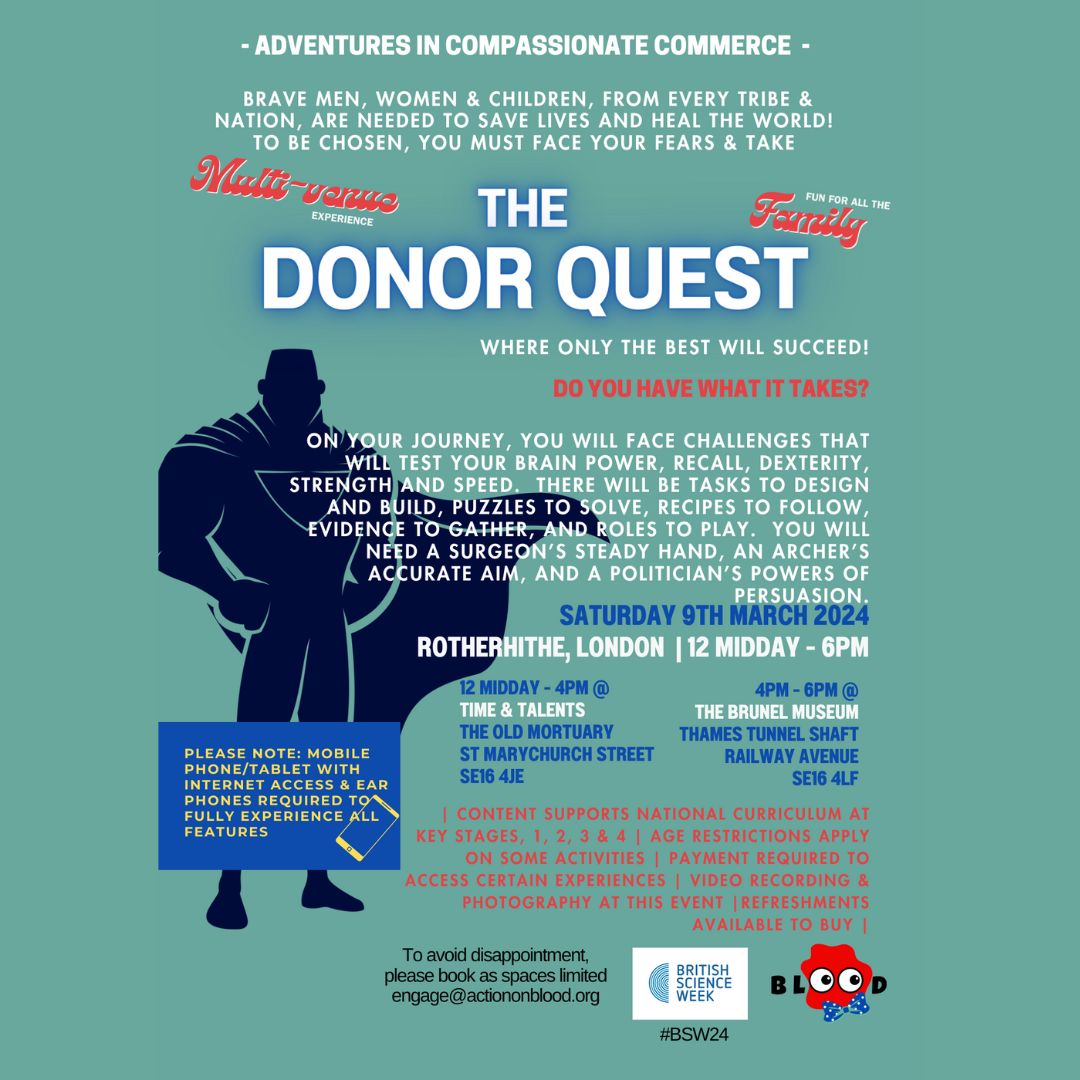 Last reminder about The Donor Quest, a free science fair tomorrow at T&T The Old Mortuary, and @brunel_museum. Run by @actiononblood, its sure to be tons of fun for families. Sign up needed: ow.ly/aeHW50QKPxQ #community #science #actiononblood #se16