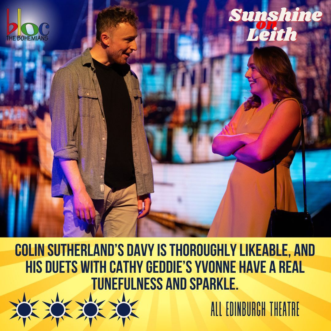 ⭐⭐⭐⭐ - All Edinburgh Theatre
"Colin Sutherland’s Davy is thoroughly likeable, and his duets with Cathy Geddie’s Yvonne have a real tunefulness and sparkle."

Read the full review: buff.ly/3TqXvZu

#SunshineOnBohs #EdBohemians