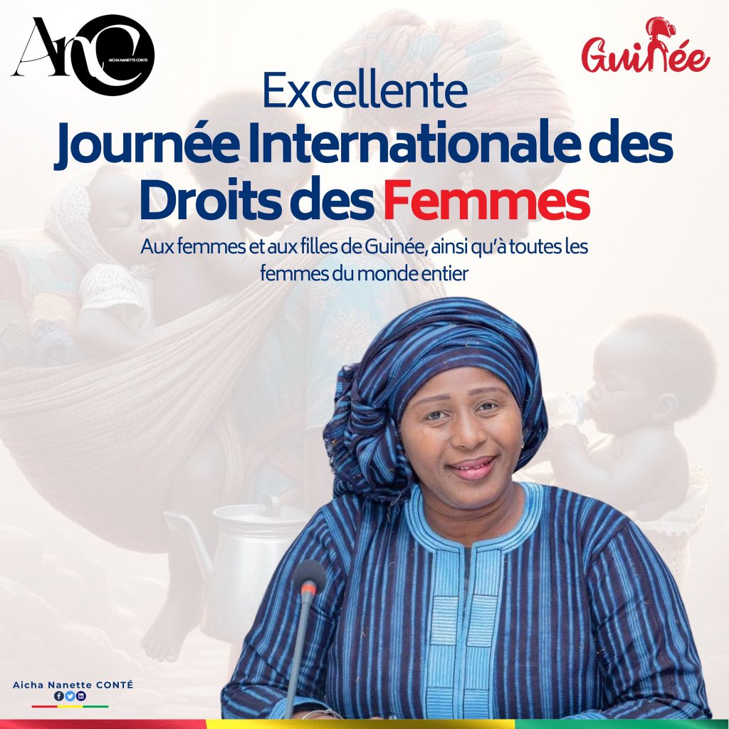En cette Journée Internationale des Droits des Femmes, je souhaite une excellente célébration aux femmes et aux filles de Guinée, ainsi qu'à toutes les femmes du monde.

Ce que nous voulons Dieu le veut. Dans ce cas, Oeuvrons toutes ensemble pour le bien de notre cher pays.