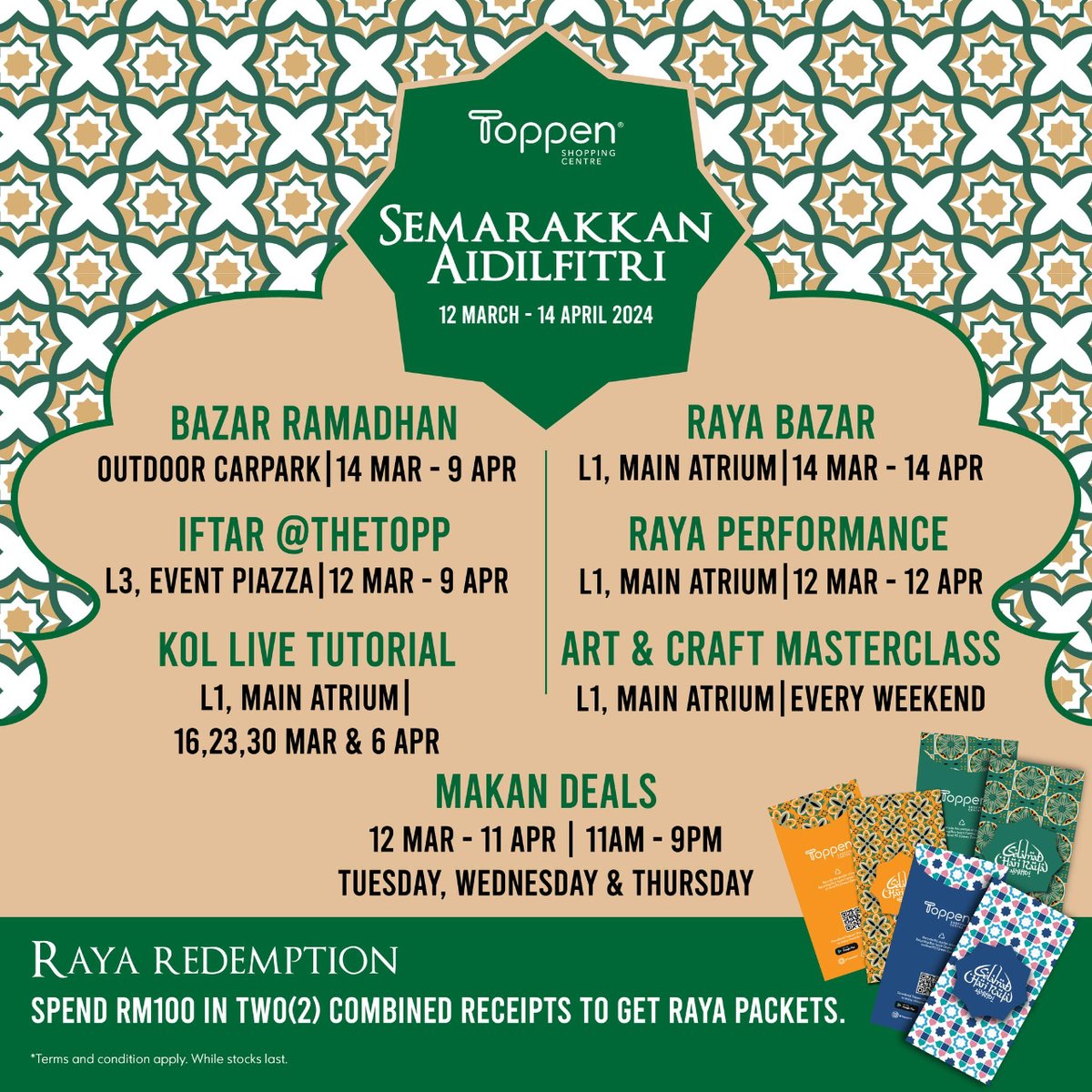 ToppenMY's tweet image. Discover our vibrant Raya pop-up booth, featuring everything you need for the festivities 🎉, from stunning outfits 👗 to delectable goodies 🍬. 

Raya Bazar
📆 14 March - 14 April 2024
🕐 10.00am - 10.00pm

#ToppenJB #GreenPacket #RayaRedemption #RayaAtToppen #Raya2024 #BazaarJB