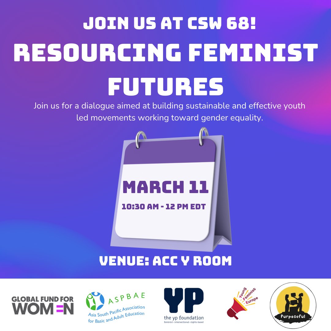 🌟 Calling all advocates for gender equality! 🌟 Join us for a dynamic dialogue at #CSW68 as we empower youth-led movements to shape a brighter future. Let's resource feminist futures together! #GenderEquality #YouthLeadership Register: forms.gle/Q5BuQyvbocipAp…