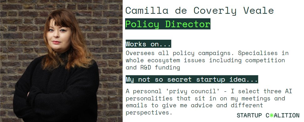 StartupCltn's tweet photo. Startup Coalition is celebrating International Women's Day!

Meet the amazing women in our team:

Camilla, our Policy Director:

@deCoverlyVeale https://t.co/9ZwxCqCoiH