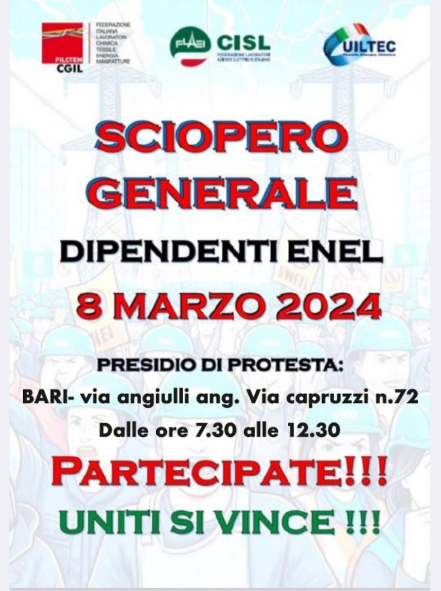 CislPuglia's tweet photo. Contro l'esternalizzazione di #Enel, a difesa delle lavoratrici e dei lavoratori
La #CislPuglia sostiene lo sciopero e partecipa al presidio di Bari indetto oggi da @flaeicisl Puglia 
#IlSindacatoMobilita #EnelSmobilita https://t.co/OTIdC12s16