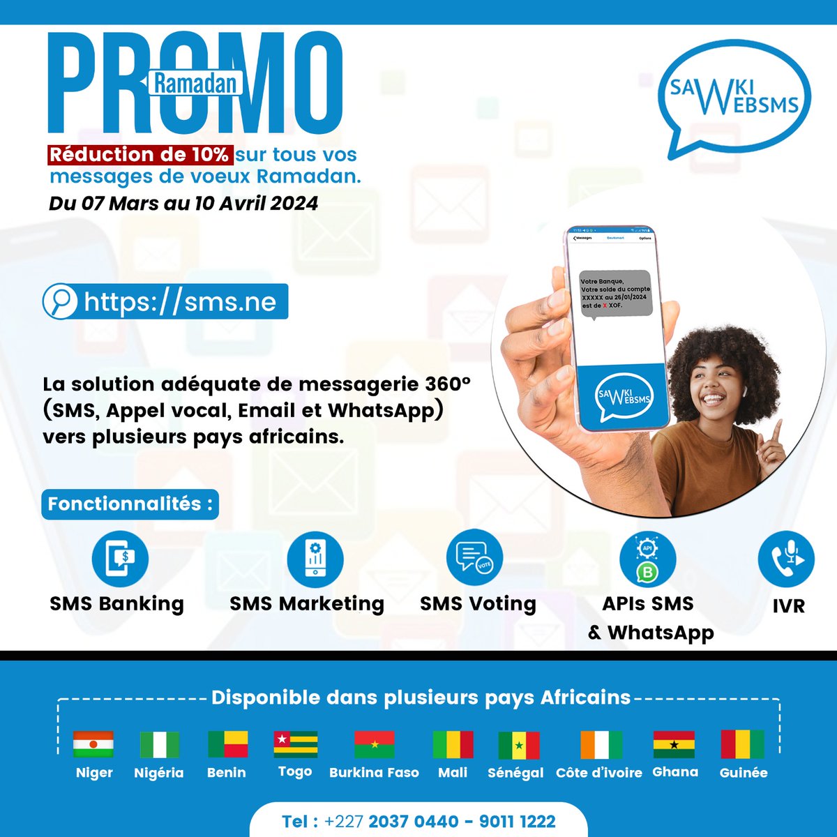 dev4smart's tweet image. 🌙 Promo Ramadan 🌙 
Du 07 Mars au 10 Avril 2024, profitez d&apos;une réduction de 10% sur tous vos SMS de vœux personnalisés! 📱✨ 
Contactez-nous au +22790112212 pour plus d&apos;infos ou sur sms.ne
Ramadan Mubarak!
#SawkiWebSMS
#Dev4Smart
#PromoRamadan…