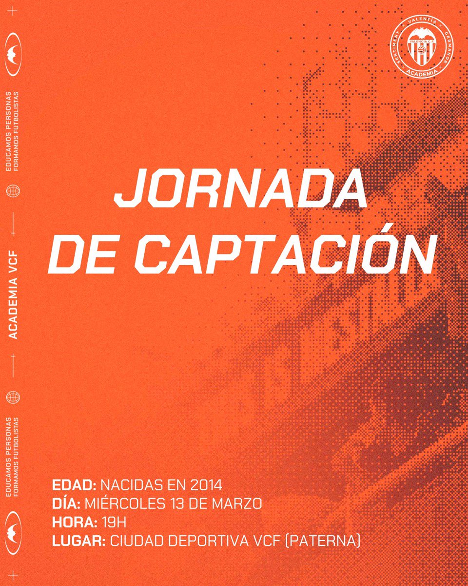 VCF_Femenino's tweet photo. 👉 𝐉𝐎𝐑𝐍𝐀𝐃𝐀 𝐃𝐄 𝐂𝐀𝐏𝐓𝐀𝐂𝐈𝐎́𝐍 @Academia_VCF 

👧🏻 Nacidas en 2014
🗓 Miércoles 13 de marzo⌚️19h
📍 Ciudad Deportiva #VCF (Paterna)

ℹ️ Indispensable 𝗿𝗲𝗹𝗹𝗲𝗻𝗮𝗿 𝗲𝗹 𝘀𝗶𝗴𝘂𝗶𝗲𝗻𝘁𝗲 𝗳𝗼𝗿𝗺𝘂𝗹𝗮𝗿𝗶𝗼 para participar ⤵️
https://t.co/Ku0j54iI4u

#ADNVCF 🦇 https://t.co/NlpWsEGqu8