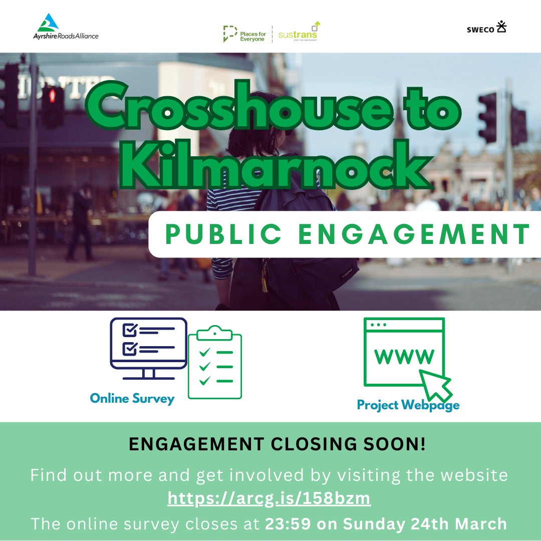 The engagement period for the Crosshouse to Kilmarnock project closes this Sunday! Click below to visit the project website, find out more and complete an online survey. 👇🏻 arcg.is/158bzm