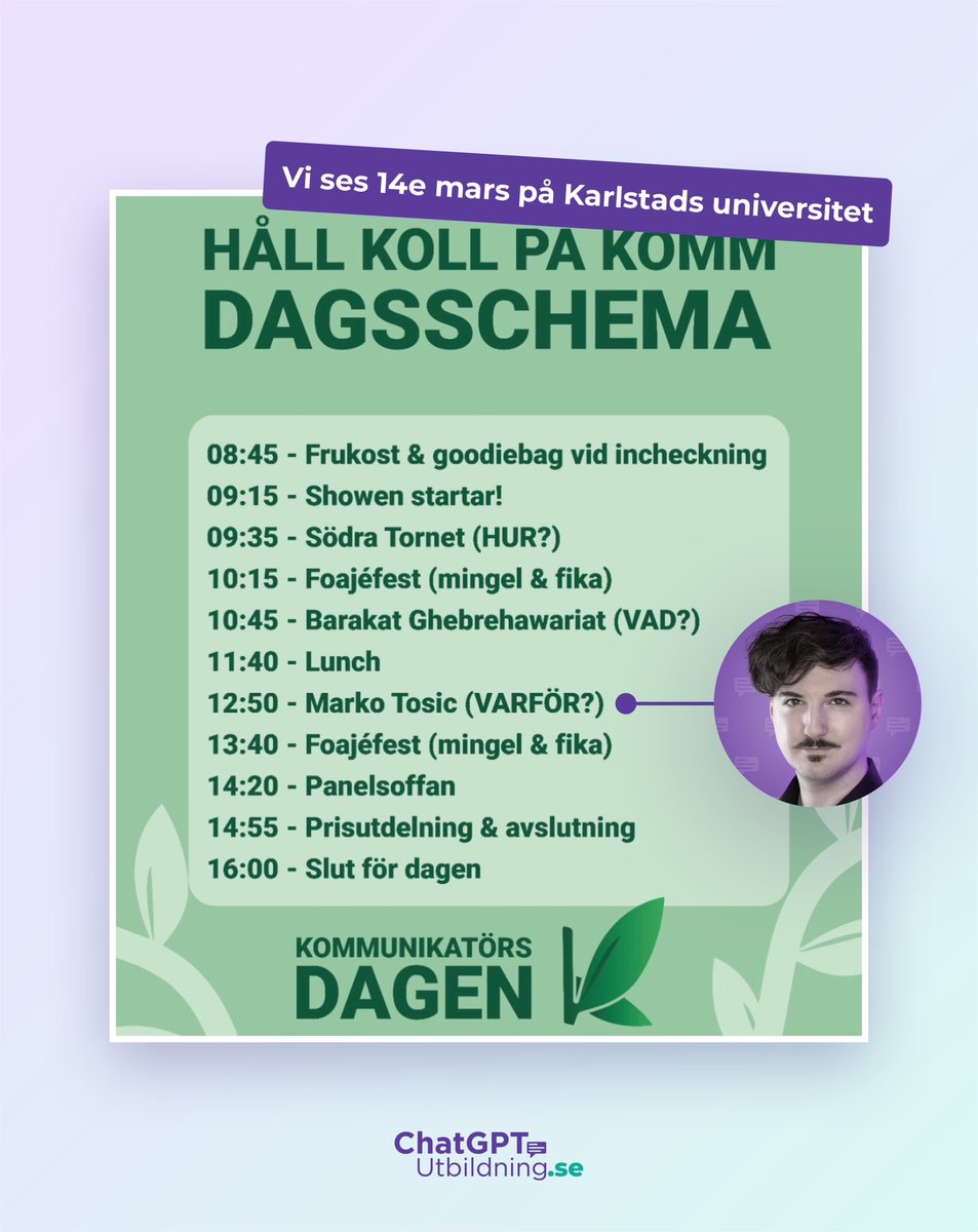 ChatGPT, AI och kommunikation, hur hänger det ihop? Är AI vår kompis eller konkurrent när det kommer till kommunikation? Det och mycket mer går Marko igenom på scen på Kommunikatörsdagen på Karlstads universitet den 14e mars! Hoppas vi ses där!😃🤖

#chatgpt #ai #kommunikation