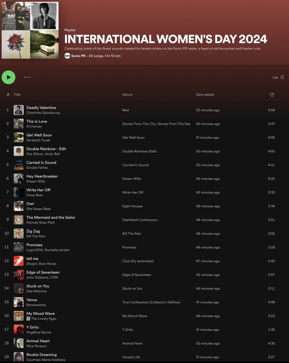 Celebrating #InternationalWomensDay with a playlist of incredible female acts on the Sonic PR Roster. A feast of fresh cuts and faves from @DeaMatronaBand, @PJHarveyUK, @freyabeer, @HannahRosePlatt, @thisislyra, @VivaBananarama + more open.spotify.com/playlist/7p03Y…