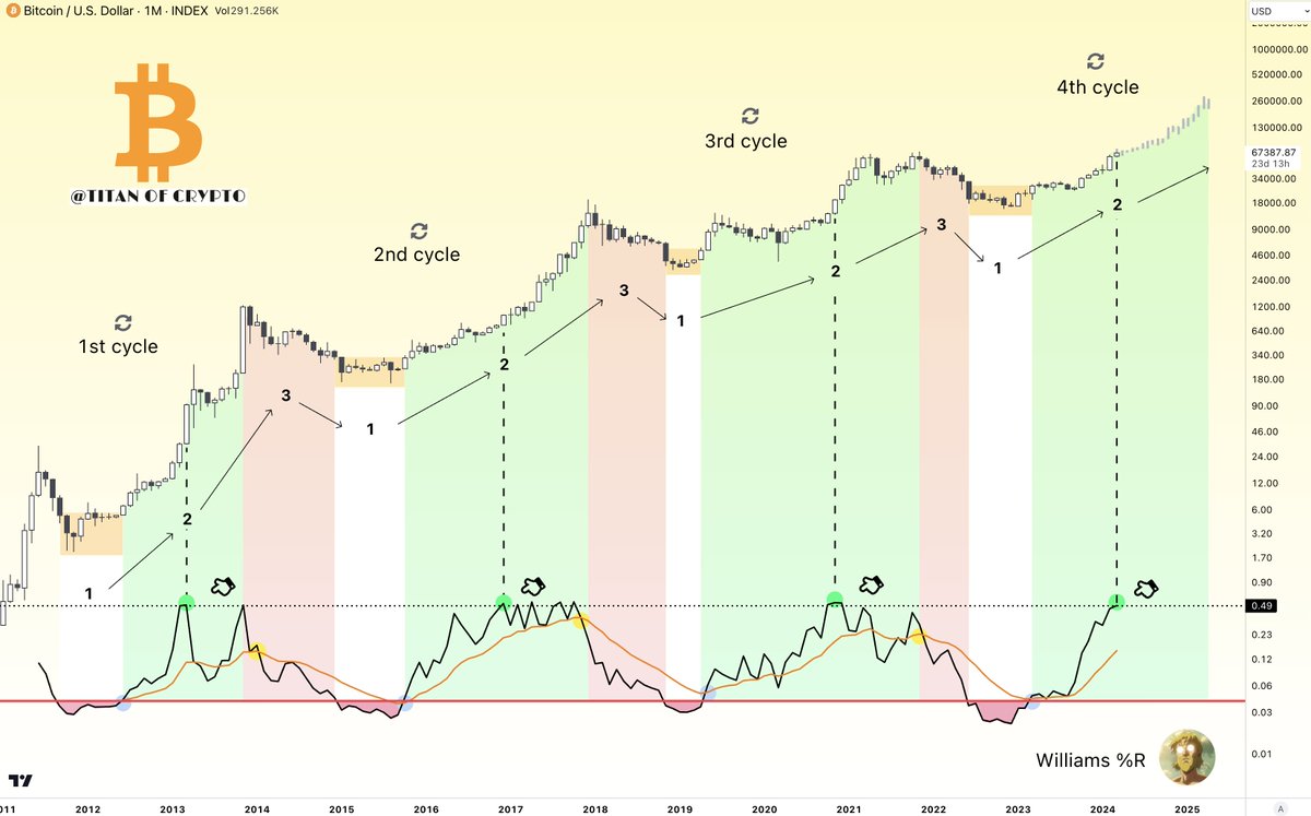 Washigorira's tweet photo. #Bitcoin Phase 2 of the Bull Run is here. 🤝🐂 

Williams %R analysis in conjunction with the price action is telling us that #BTC is entering its 2nd phase of this bull run. 

As enjoyable this phase is you must be level headed. Let's nail it together.  🚀 https://t.co/RPOT2hdupa