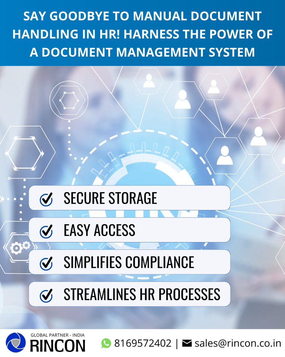 rinconindia's tweet photo. Say goodbye to manual document handling in HR! Harness the power of a Document Management System (#DMS) to streamline document management, enhance security, and save time in your HR department. #DigitalTransformation #EfficientHR
https://t.co/SHIhXk8Xsi https://t.co/UXcVmHdpRc