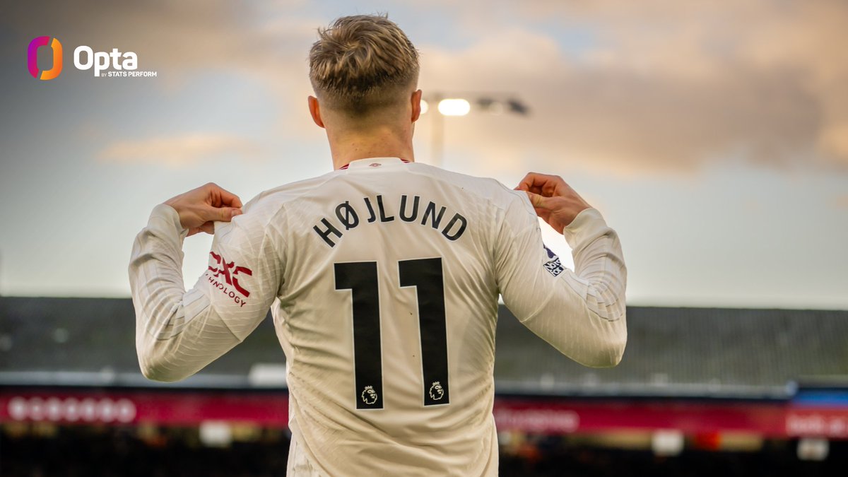 OptaJoe's tweet photo. 5 - Rasmus Højlund scored five goals in four Premier League appearances in February, converting 56% of his shots at goal (5/9), the best conversion rate of any player to attempt 3+ shots in February. Award. https://t.co/hLrmy2g3AA
