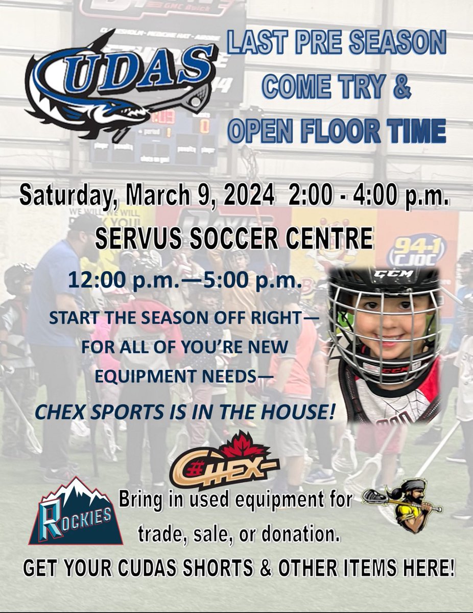 Come Try, Chex Sports, Cudas Shorts, Equipment Swap and more! <a href="/ChexSports/">Chex Sports</a> <a href="/LethbridgeSport/">Lethbridge Sport</a> <a href="/SALA_LAX/">S.A.L.A</a> @jrbcudaslax