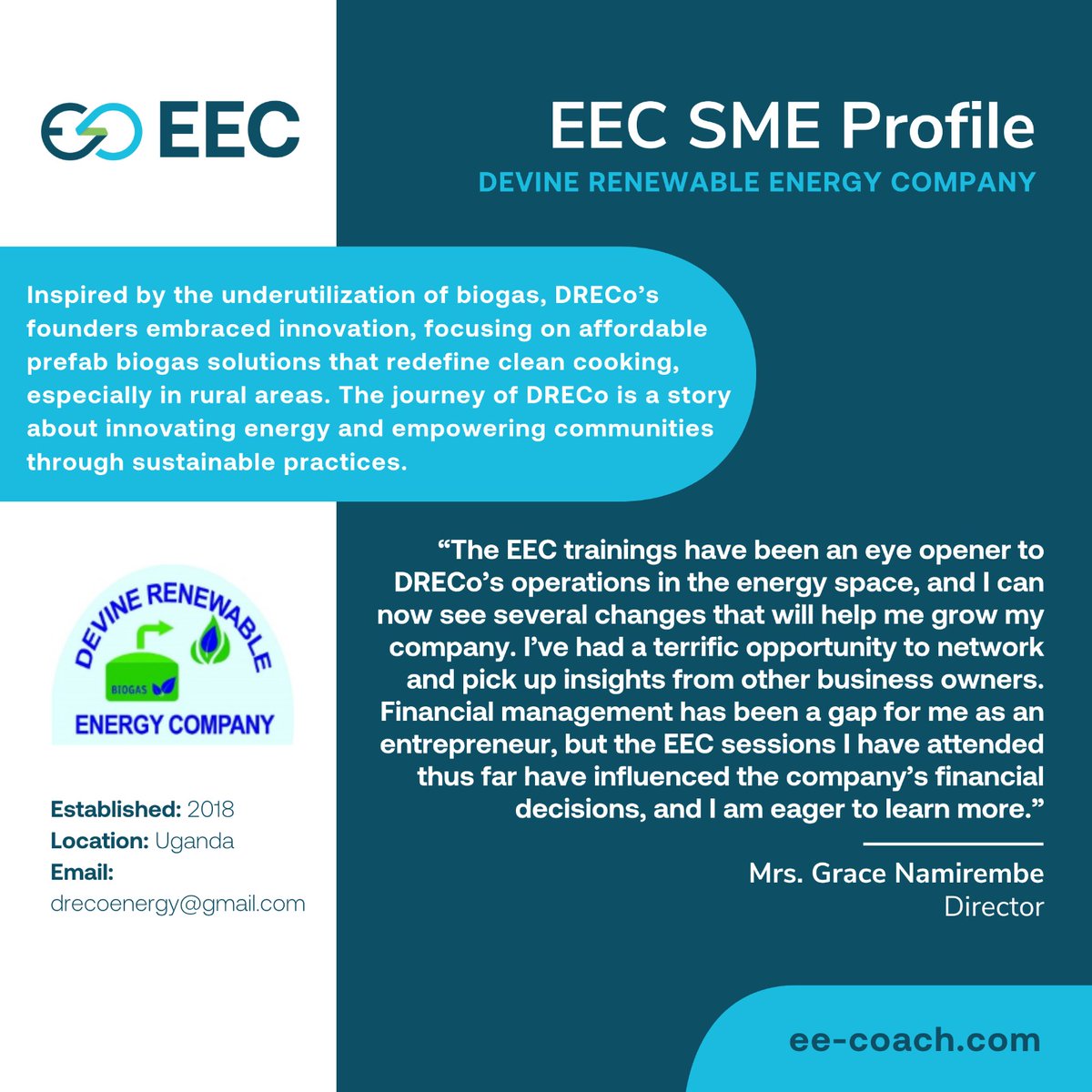 Today, on International Women’s Day, we celebrate the contribution of EEC women entrepreneurs to society through their innovative renewable energy solutions. Among these inspiring SMEs is Devine Renewable Energy Company (DRECo) from #Uganda. ee-coach.com #InvestInWomen