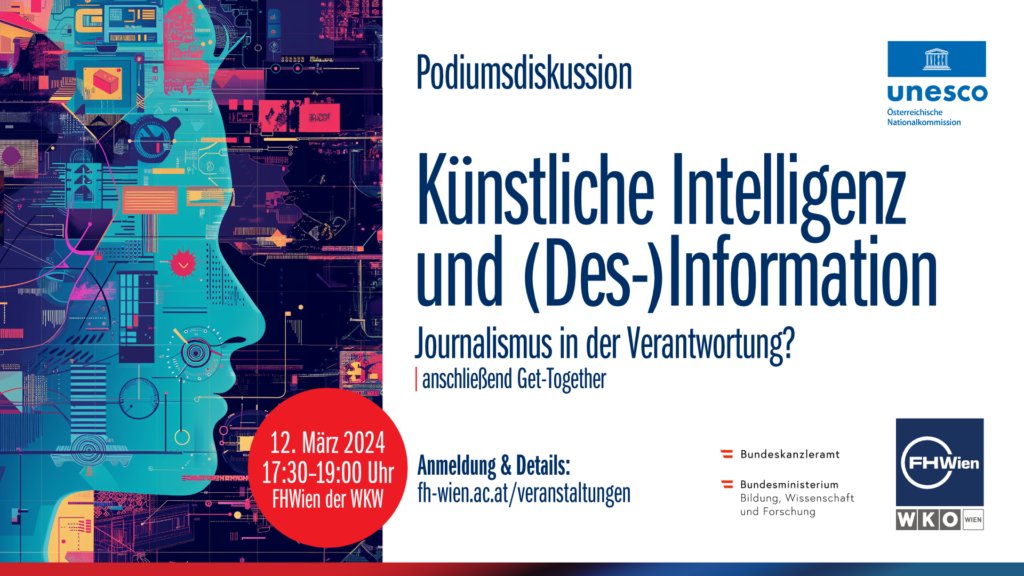 FHWien der WKW (@fhwienat) on Twitter photo #KünstlicheIntelligenz & #Desinformation - Ist der #Journalismus in Verantwortung❓🤖
Das ist das Thema der Podiumsdiskussion von <a href="/JourFHWien/">JOUR@FHWien</a> & der Österreichischen UNESCO-Kommission.
📅 Wann? 12.3.2024 (ab 17:30 Uhr)
📍 Wo? Audimax FHWien der WKW
👉 fh-wien.ac.at/veranstaltunge… #KünstlicheIntelligenz & #Desinformation - Ist der #Journalismus in Verantwortung❓🤖
Das ist das Thema der Podiumsdiskussion von <a href="/JourFHWien/">JOUR@FHWien</a> & der Österreichischen UNESCO-Kommission.
📅 Wann? 12.3.2024 (ab 17:30 Uhr)
📍 Wo? Audimax FHWien der WKW
👉 fh-wien.ac.at/veranstaltunge…