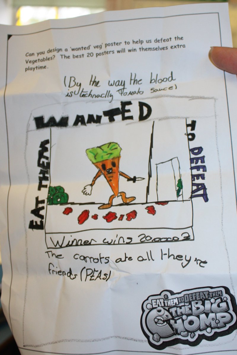 Children at Annesley Primary School have been designing a Wanted poster for #EatThemToDefeatThem to help defeat the vegetables! 20 lucky winners will be awarded extra playtime! Hope they have fun! 😀