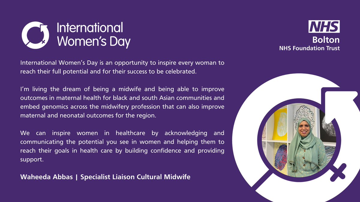 💜 'IWD is an opportunity to inspire every women to reach their full potential' Our Specialist Liaison Cultural Midwife, Waheeda Abbas, says she's 'living the dream' as a midwife and improving health outcomes for women and families 👇 #InspireInclusion #IWD2024