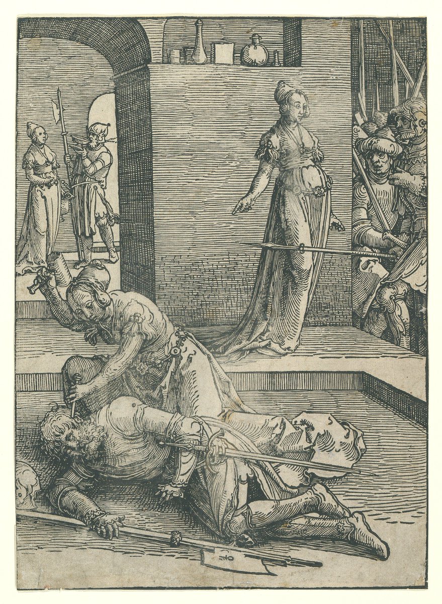 Another print from the 'Power of Women' series by Lucas van Leyden (1494-1533) tells the story of Jael and Sisera. #lucasvanleyden #woodcuts #woodcut #prints #print #powerofwomen