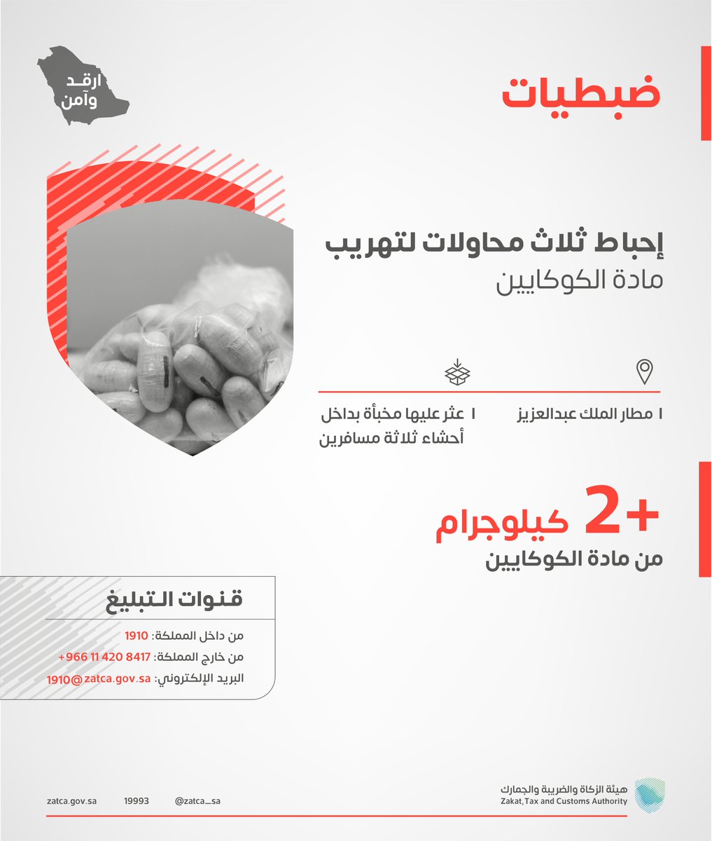 Zatca_sa's tweet photo. #ارقد_وآمن |#الزكاة_والضريبة_والجمارك تُحبط محاولات تهريب أكثر من 2 كيلوجرام من مادة الكوكايين، و 878.2 جرام من مادة الهيروين، عُثر عليها مُخبأة داخل أحشاء مسافرين قدموا إلى المملكة عبر مطار الملك عبدالعزيز الدولي بجدة.
🔗| https://t.co/LgyVPW1FcF
#زاتكا https://t.co/noDdpqihZR