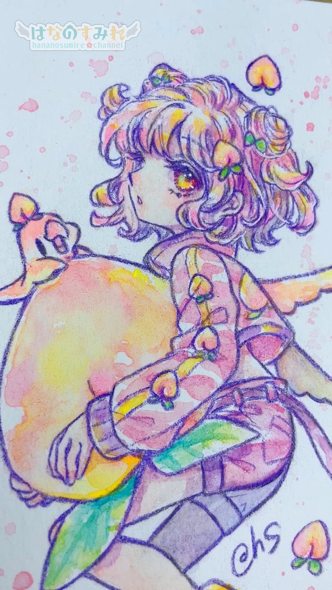 「本日の動画アップ!【透明水彩メイキング】『ピーチピーチエンジェル』▷大きい桃が見」|はなのすみれ🐤🦜のイラスト
