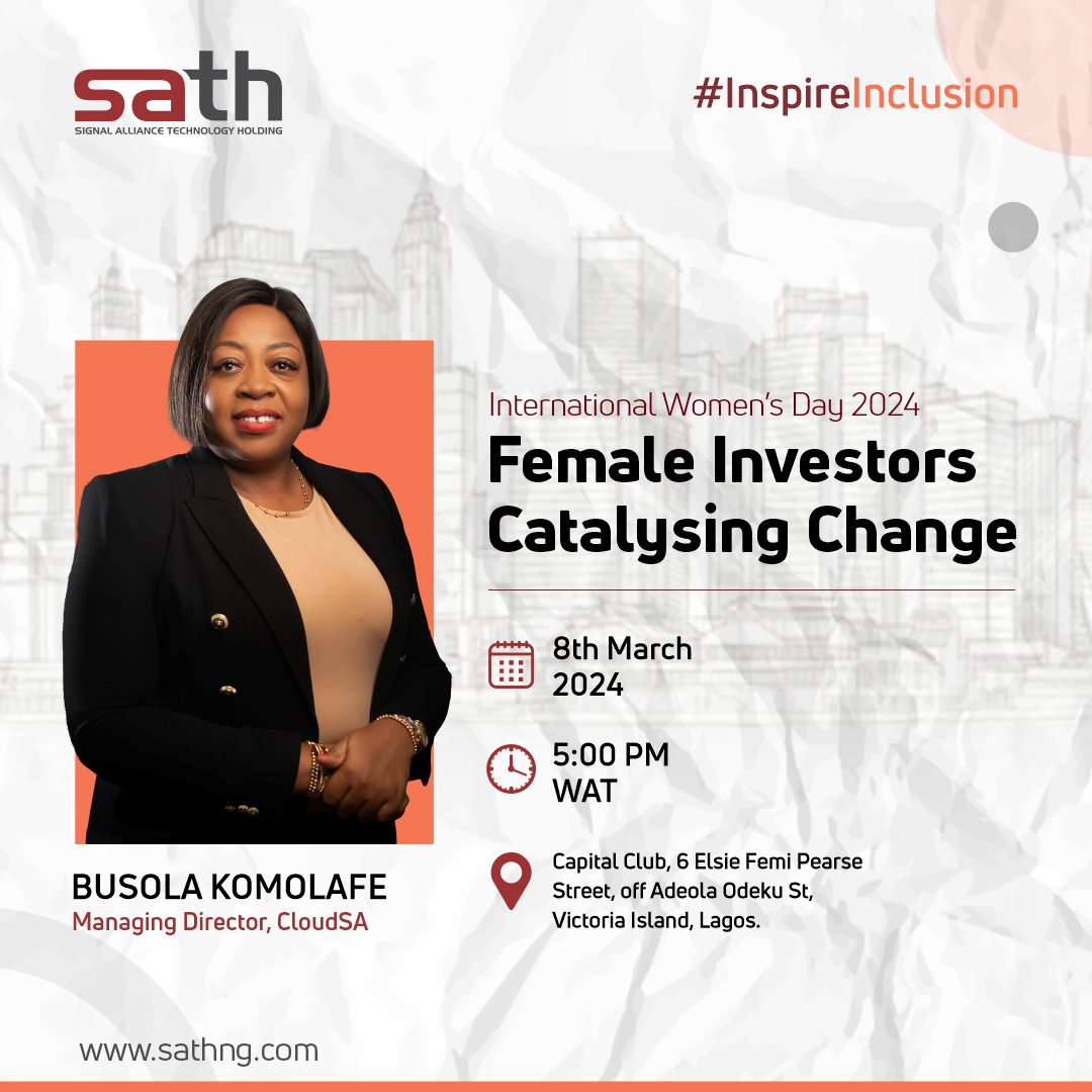 satholding's tweet photo. Join us in celebrating #IWD2024 with one of our esteemed leader, Busola Komolafe, MD of @Cloudsa_africa, and a driving force behind change and digital transformation in the tech space.

She will be speaking as a panelist at our event titled 'Female Investors Catalysing Change' https://t.co/lMSsq0FC8W